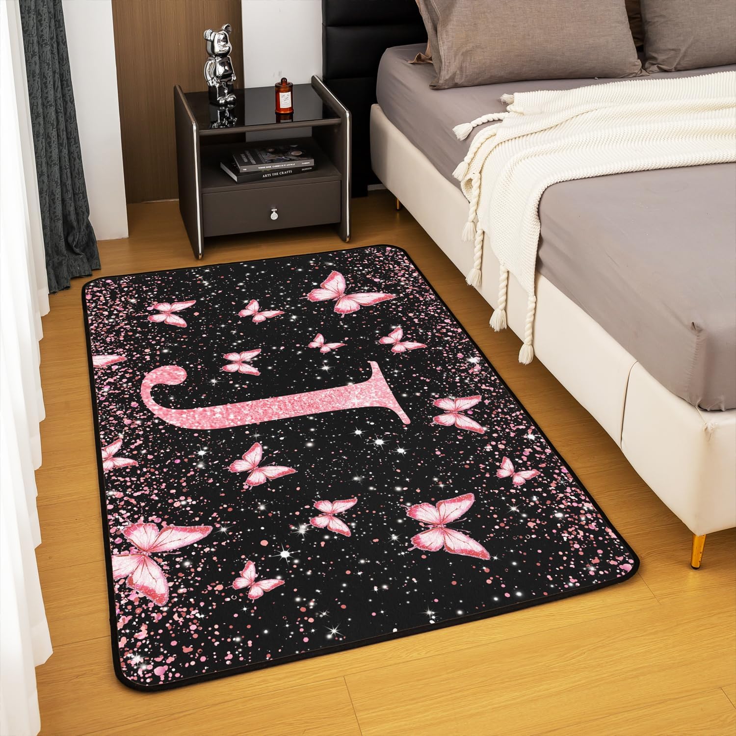 Feelyou Pink Butterfly Area Rug 3x5 Polyester Individual Letters J Living Room Rugs for Bedroom Glitter Print Decor Carpet Pretty Animal Indoor Floor Mat Soft Non-Slip