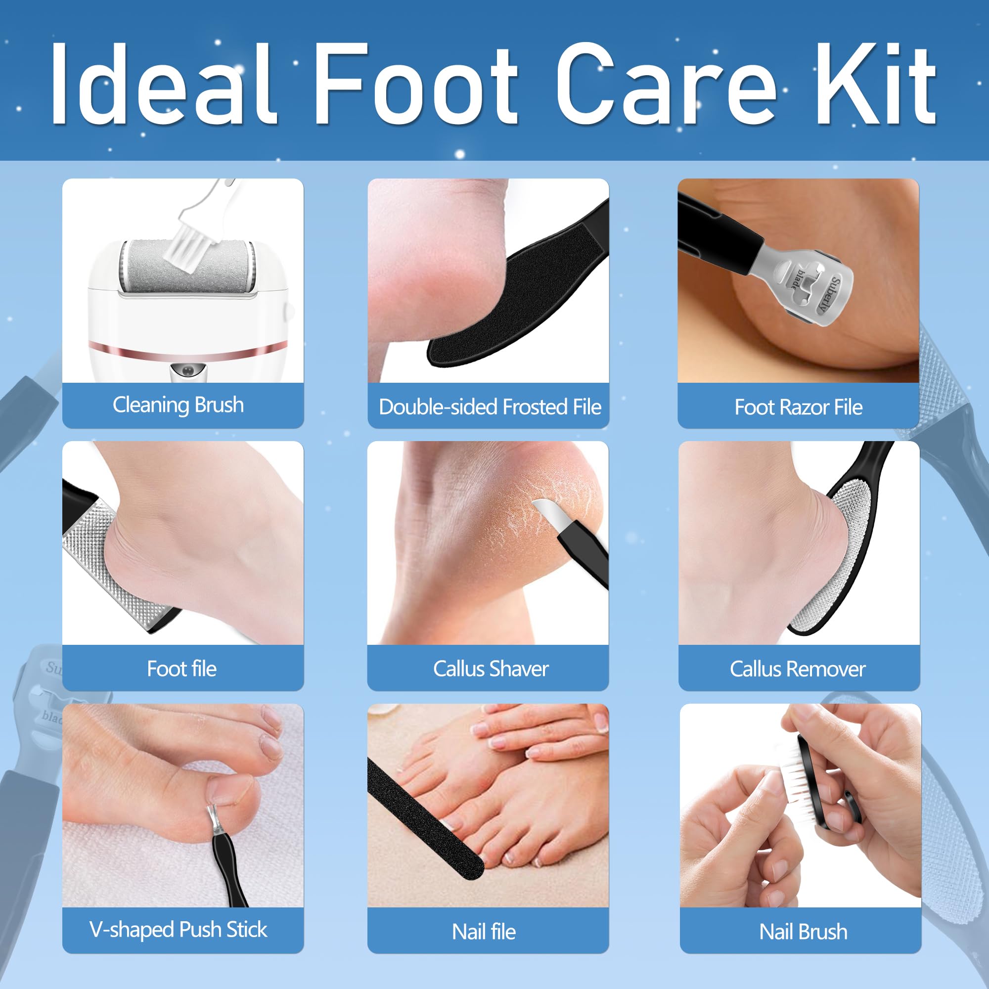 Removedor de callos para pies, removedor eléctrico de callos de pies, impermeable, con 3 rodillos, pantalla de batería de 2 velocidades, kit de pedicura recargable 17 en 1 para piel seca y