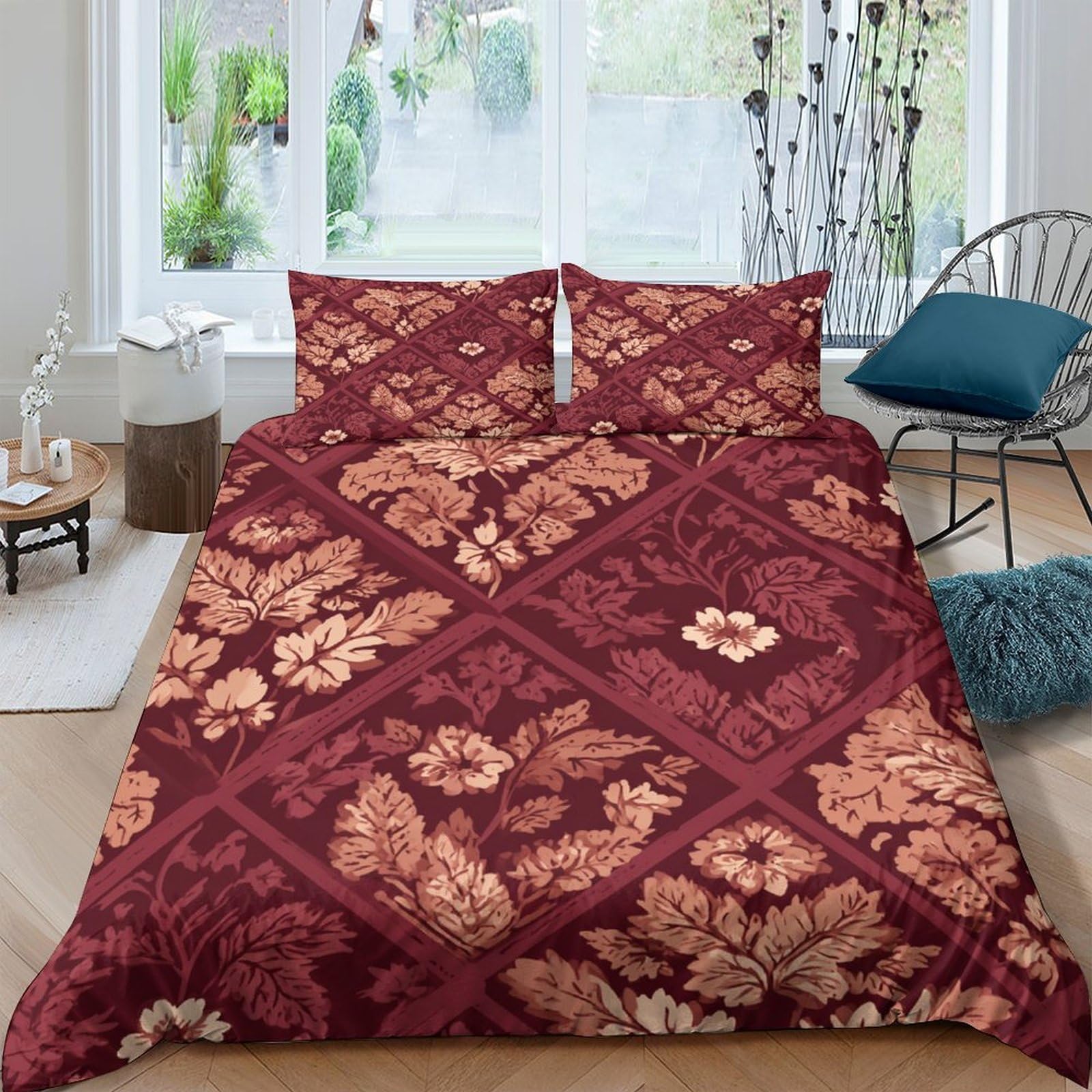 GPLZQXKJNH 3D Printed Vintage Floral Pattern Duvet Cover Set Microfiber Soft Maroon Leaf Quilt Cover with 2 Pillowcases for Bedroom Home Decor Single（135x200cm）