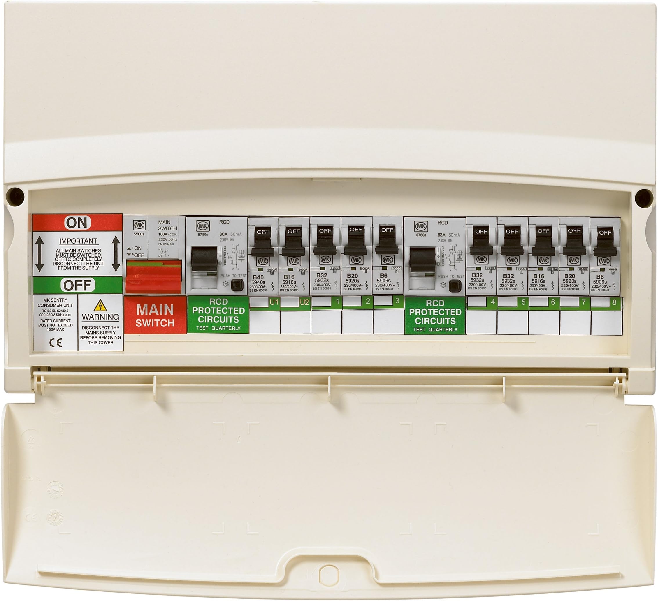 MK Sentry K5686SP1 17ED 10 Way loaded 17th Edition CU 80A & 63A RCD+10MCB