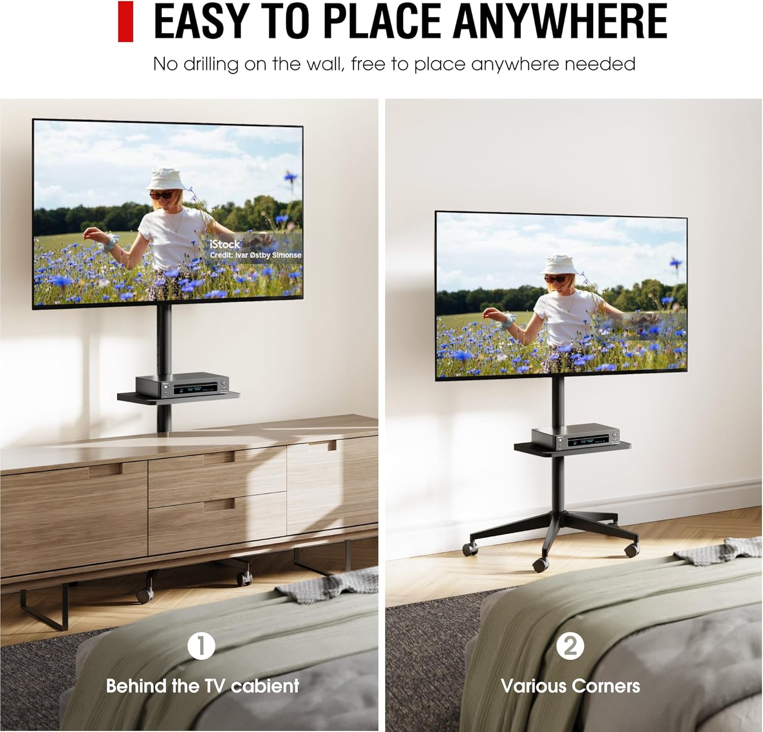 AOKCOS Tall Rolling TV Stand for 32-65 Inch TV, Snap Install Mobile TV Stand with 36 Height Levels, Max Height 68.5", 12° Tilt Rolling TV Cart with Shelf for Office/Home/Living Room/Bedroom