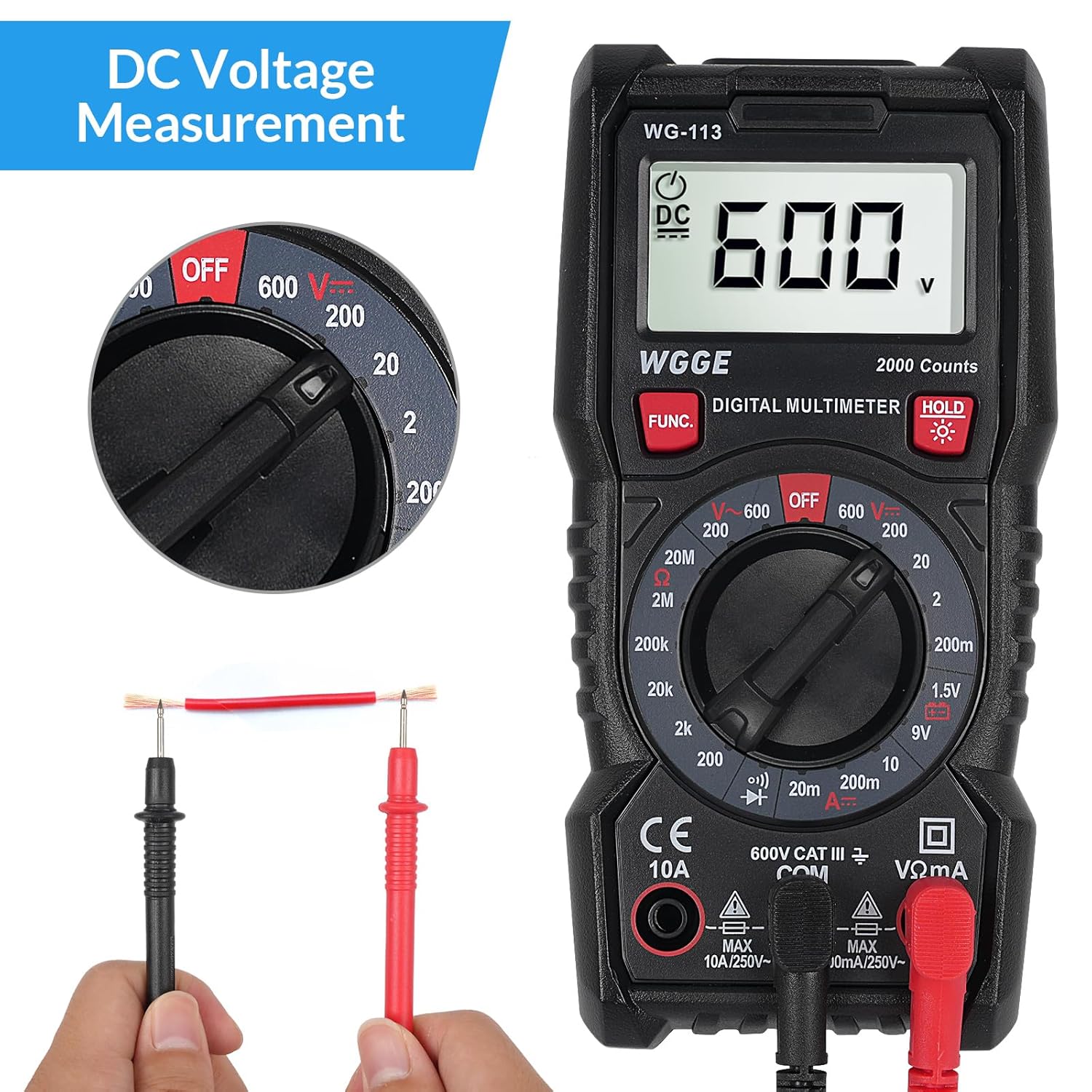 WGGE Digital Multimeter with Case, DC AC Voltmeter, Ohm Volt Amp Test Meter and Continuity Test Diode Voltage Tester for Household Outlet, Automotive Battery Test (Anti-Burn with Double Fuses)