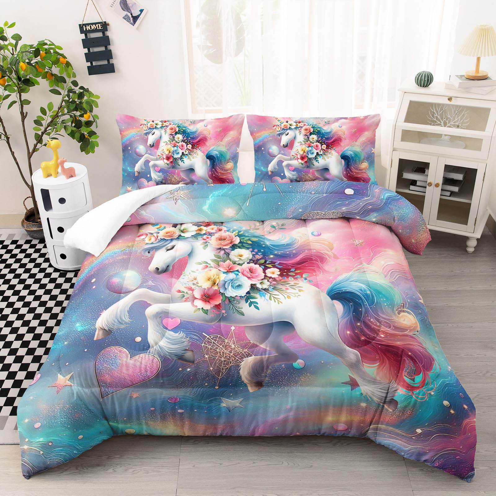 Ntlfup Unicorn Twin Size Bedding Set for Girls, Dreamy Unicorn with Flowers Comforter Set, Unicorn Room Decor with 2 Pillowcases, Style 10