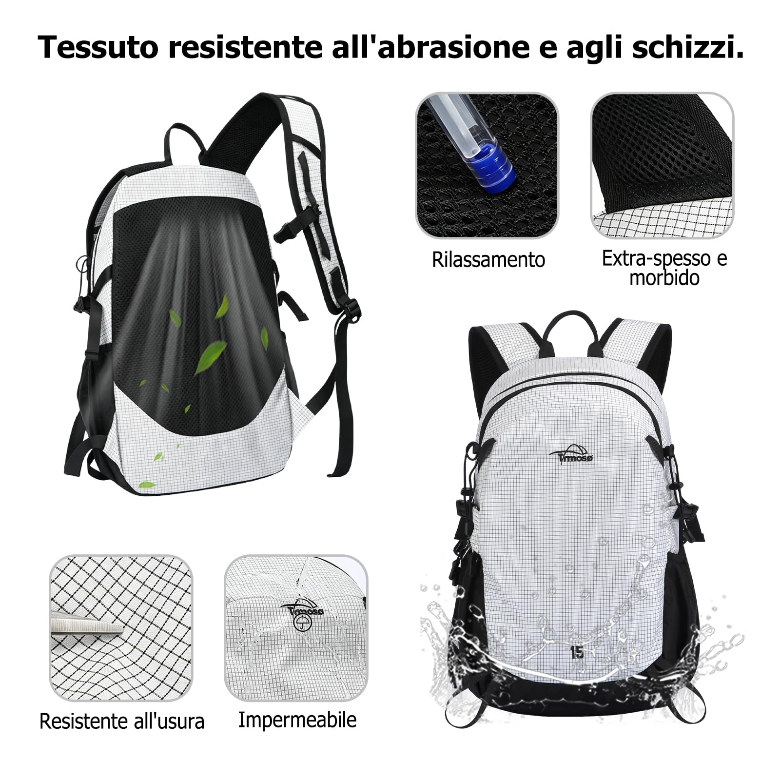 15L Zaino da Escursionismo Leggero Zaino Outdoor Traspirante in Nylon Multitasche Zaini per Campeggio Viaggi Uso Quotidiano Nero
