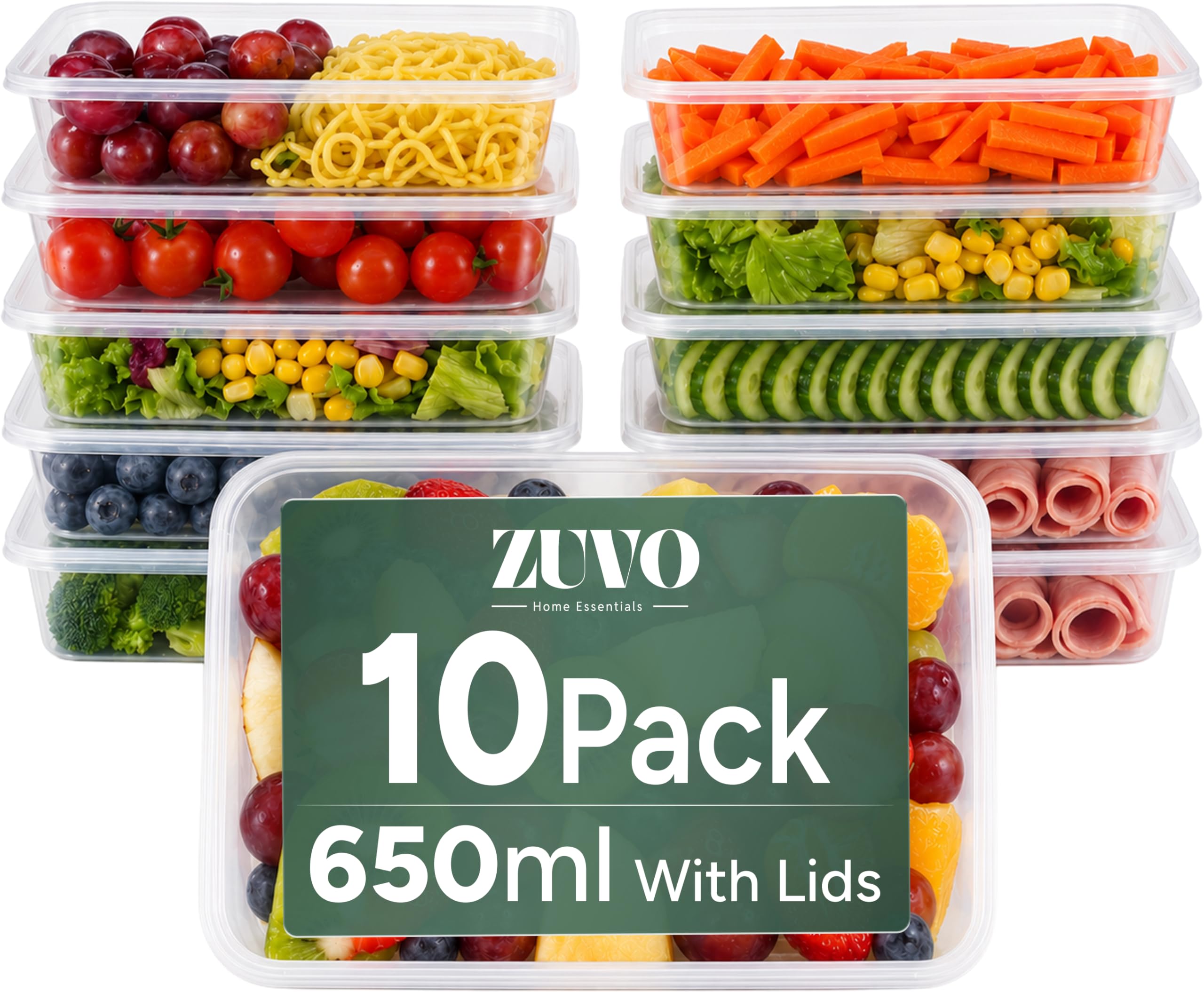 Zuvo Plastic Food Containers 650 ml with Lids, 10 Pack, Reusable