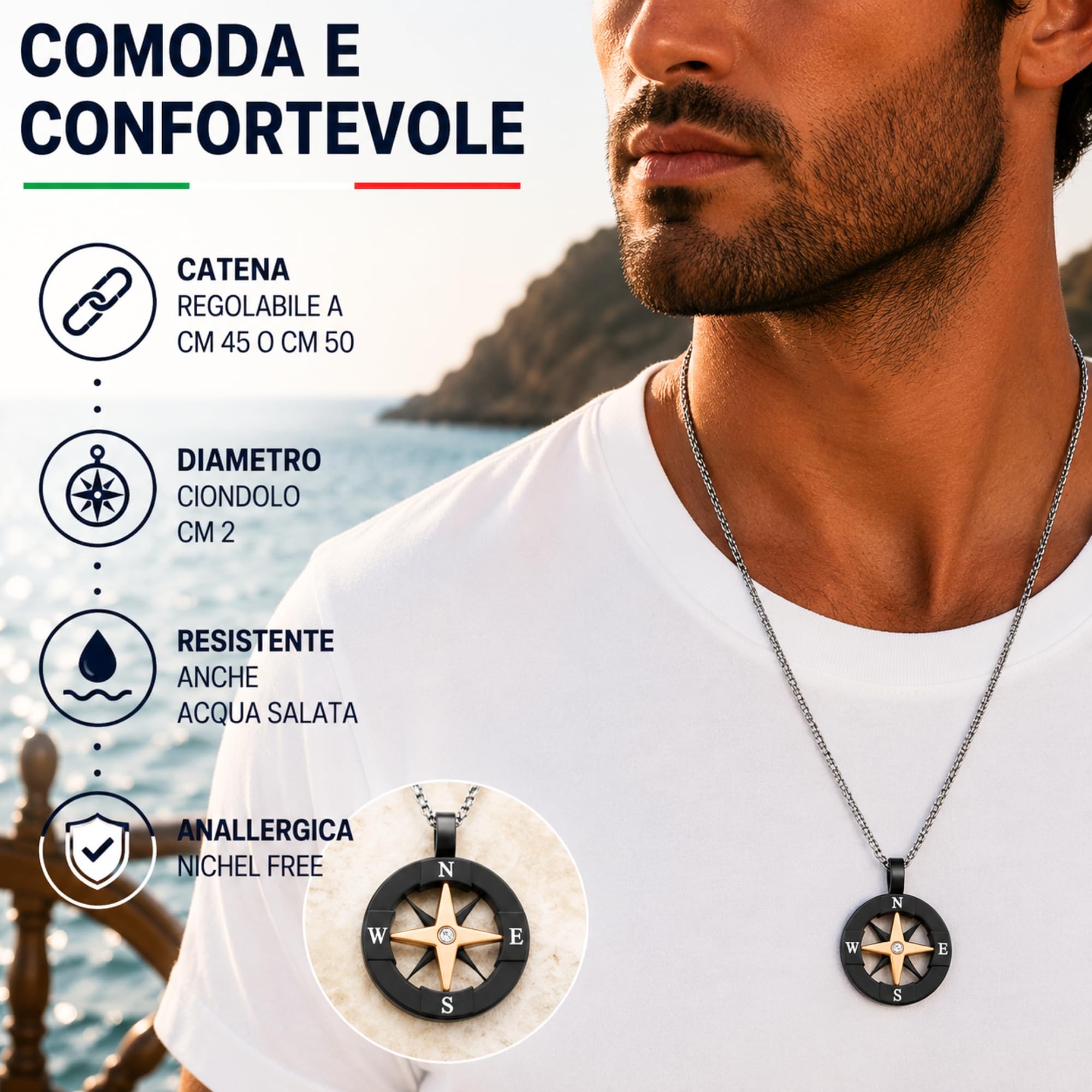 Collana Uomo Rosa dei Venti con Bussola in Acciaio Inox – Ciondolo Nautico con Zircone Bianco – Catena Resistente Vari Colori – Gioiello Uomo Elegante Stile Marino Regalo per Lui