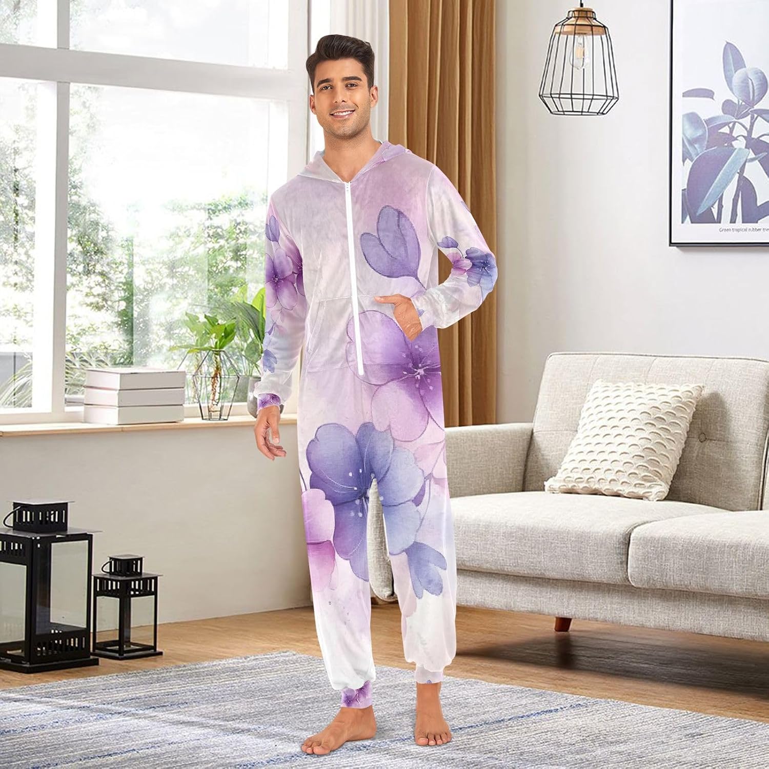 Purple Violets Flowers Watercolor Adult Onesie Pajamas for Unisex Novelty One Piece Costume Sleepwear