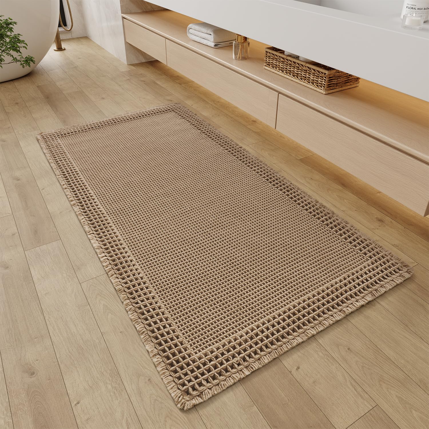 RESARE Waffle Bathroom Runner Rugs, Super Absorbent Bath Mat Non Slip Washable Quick Dry, Upgraded Ultra Soft Boho Bath Rugs with Tassels for Hallway