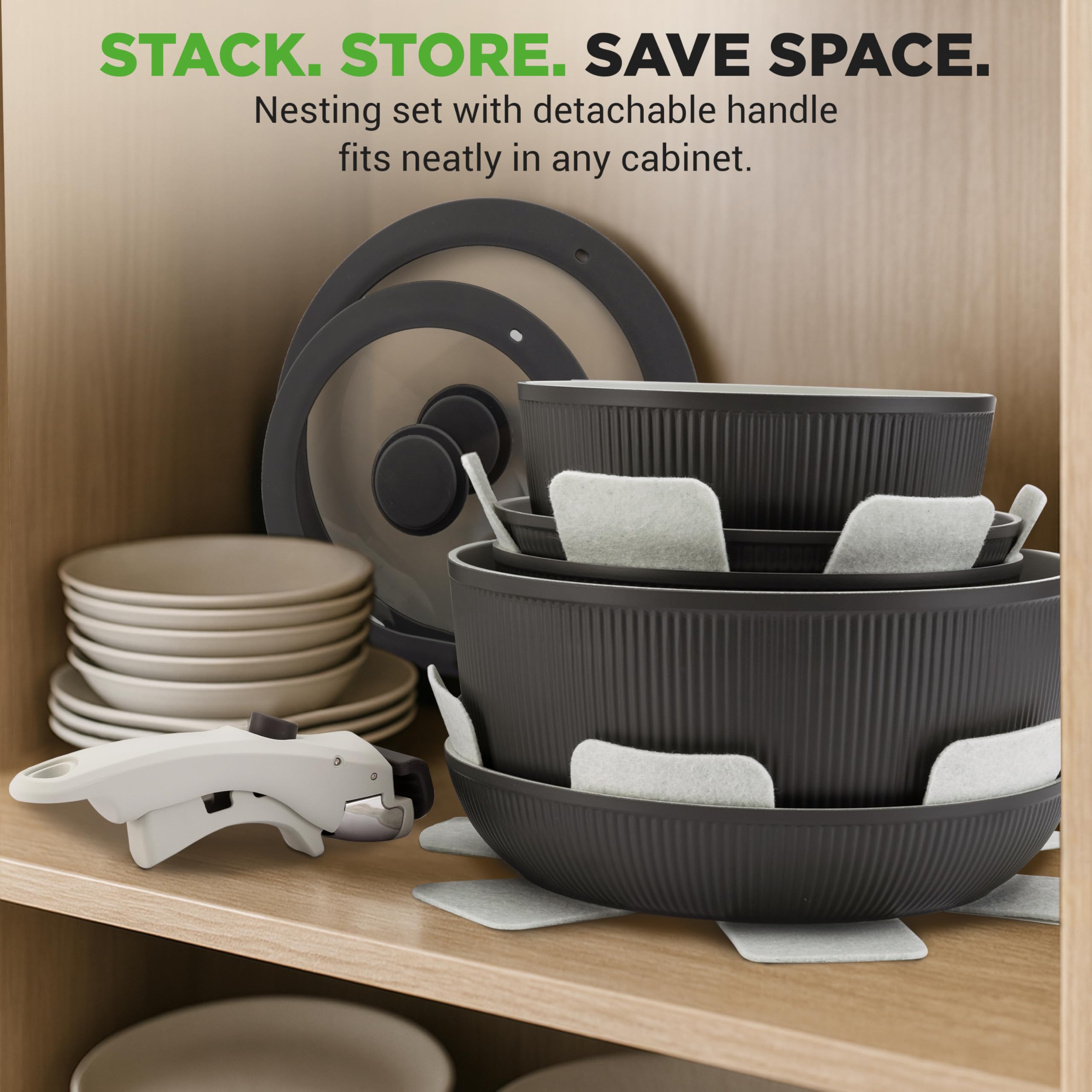NutriChef Zestaw Naczyń Ceramicznych 18 Sztuk z Odczepianymi Rączkami, Patelnia i Garnki z Powłoką Nieprzywierającą, Powłoka Ceramiczna Bez PTFE, Oszczędność Miejsca, Do Pieca