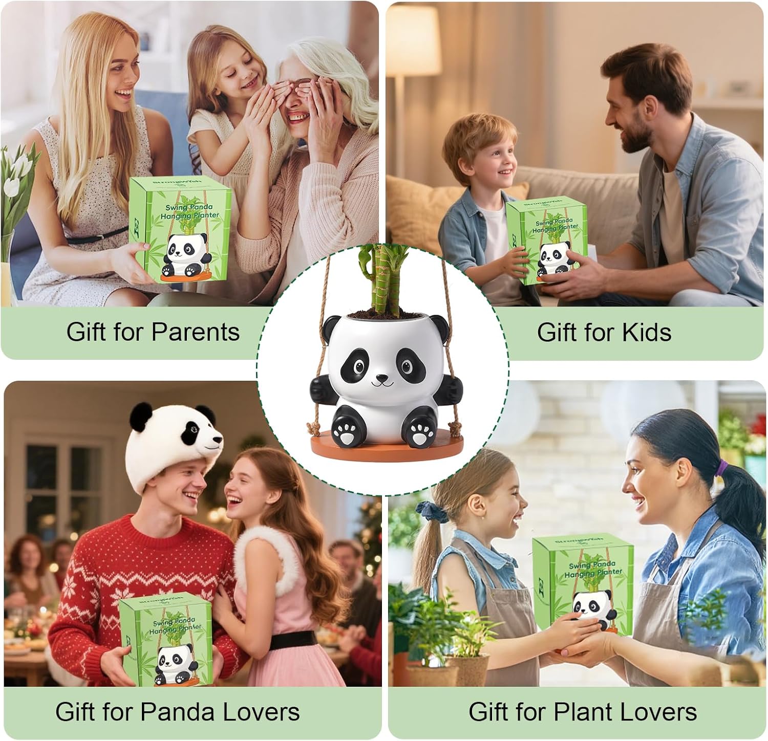 Swing Panda Hanging Planters for Indoor Plants, Cute Succulent Pots with Drainage Hole, Small Hanging Flower Pots Outdoor, Panda Gifts for Plant Lovers (Boy-White)