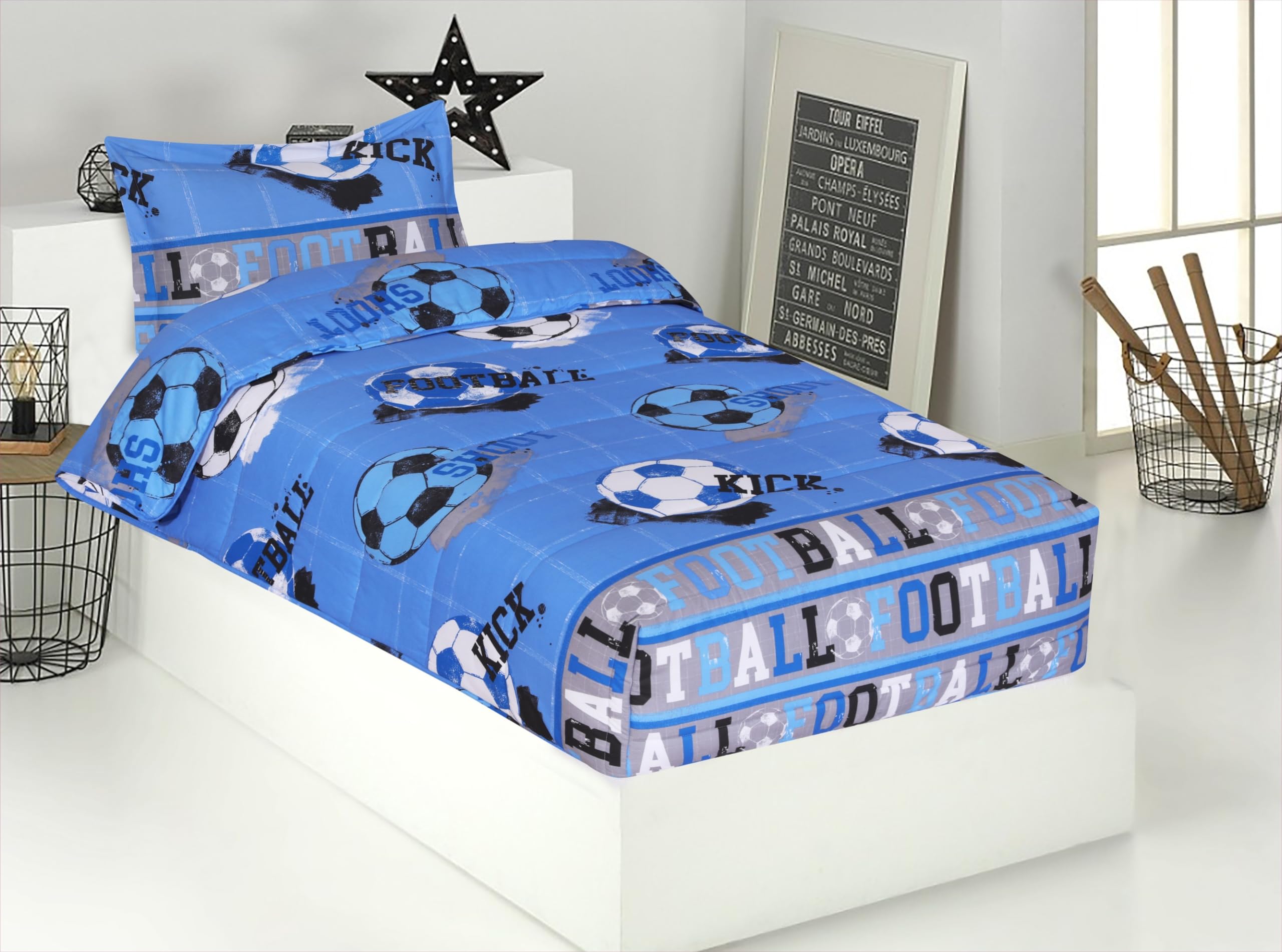 DHESTIA HOME Edredón Ajustable Cama Infantil Fútbol Quick Color Azul Talla Cama 90