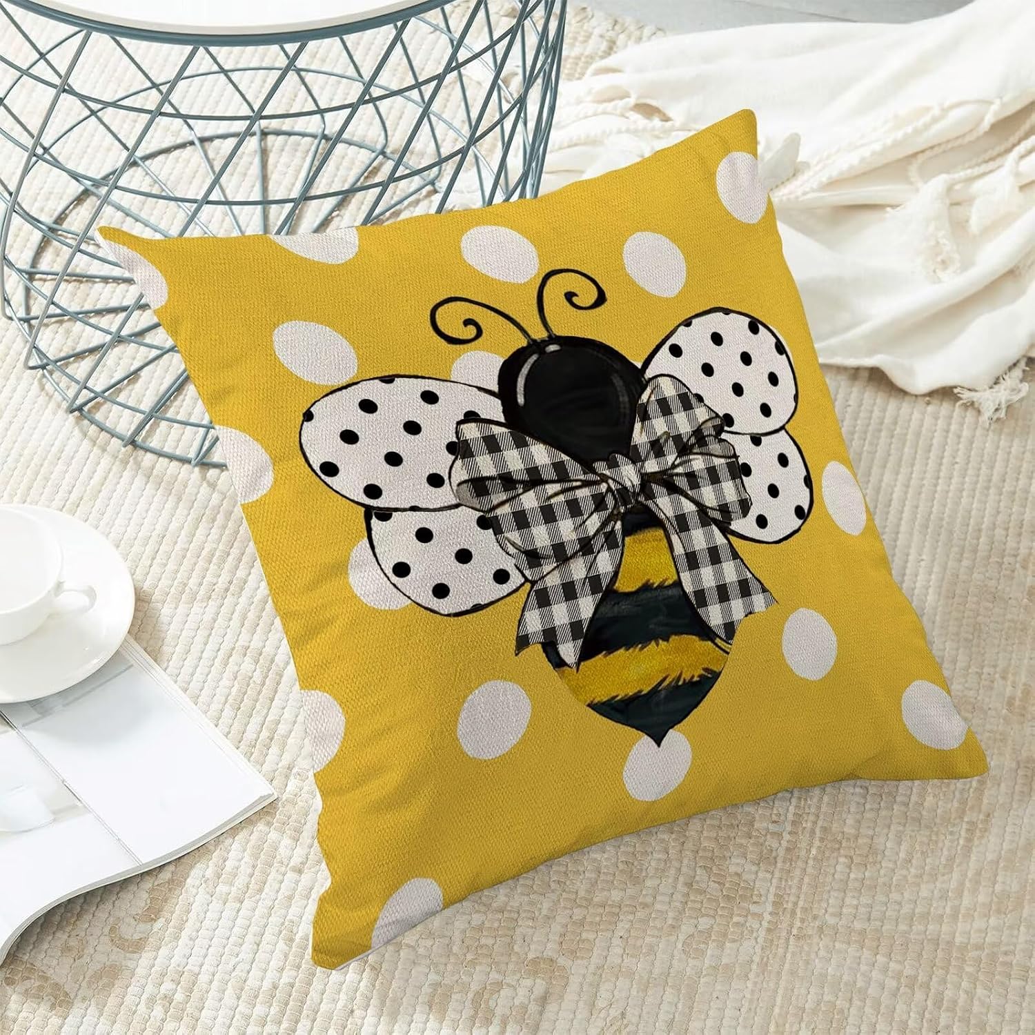 Yellow Bee Pillow Covers 24x24 Set of 2 Polka Dots Outdoor Decorative Throw Pillow Covers Summer Farmhouse Seasonal Linen Cushion Case for Home Sofa Couch Outdoor Decor