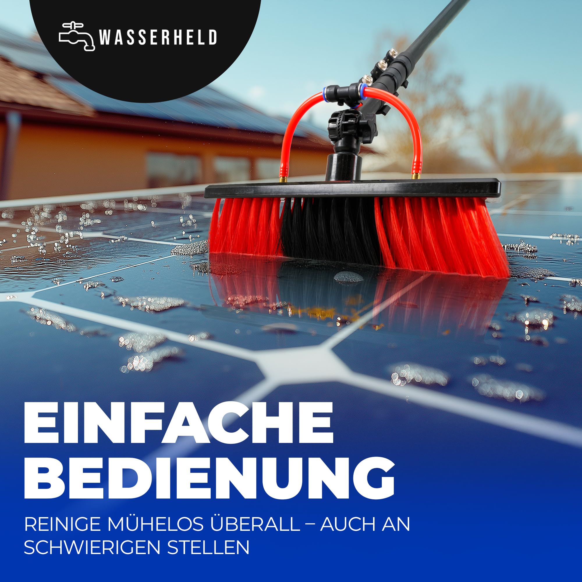 Teleskop Waschbürste mit Wasseranschluss [4,4m Teleskopstiel] – Teleskopstange für Fensterreinigung | Teleskopbesen-Fensterwischer, Dachrinnenreiniger Reinigungsset (Schwarz Rot, 4,4 Meter)