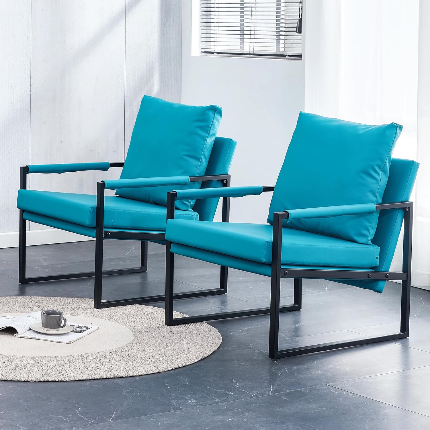 Upholstered Armchair, Modern Accent PU Leather Chair, Living Room Chairs with Golden Metal Legs and Soft Padded, Sofa Chairs for Home Office/Bedroom/Dining Room Cyan