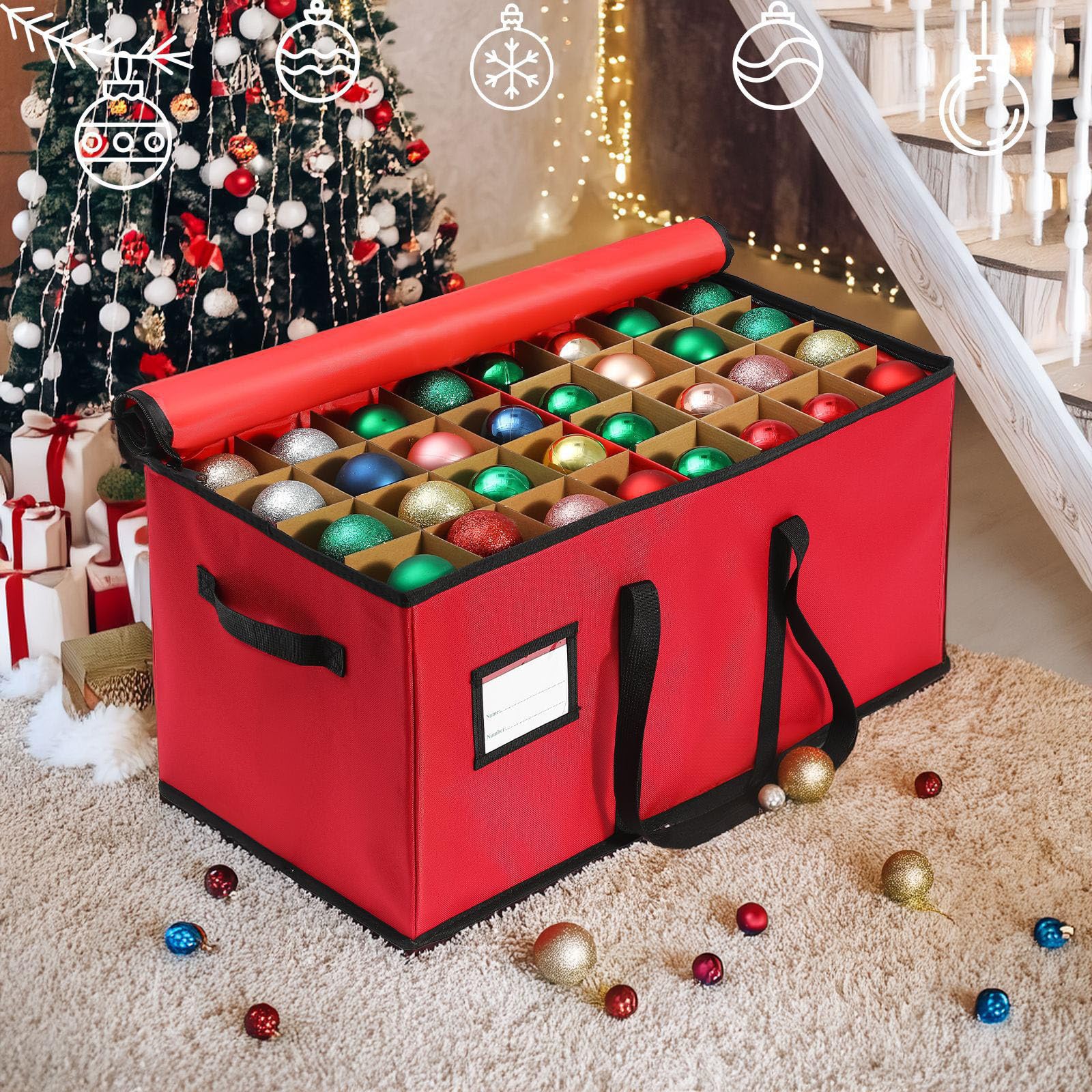 porta palline natale, Contenitore per Palline di Natale, Scatola Porta Palline di Natale, Organizer per Decorazioni dell'Albero, Tessuto Oxford, Cerniera Lampo e Maniglie (Rosso,61x30x30cm)