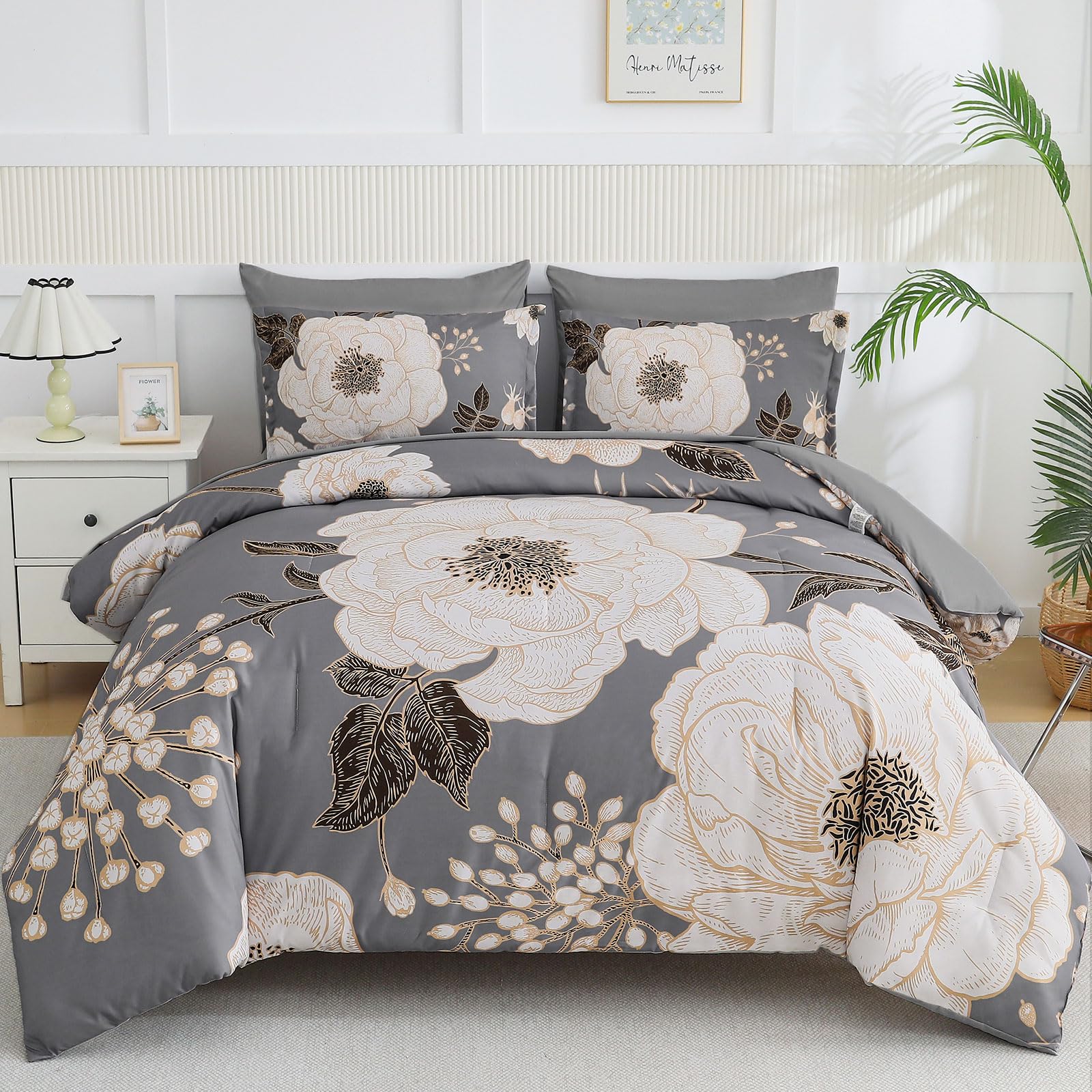 Luxudecor Floral Queen Comforter Set
