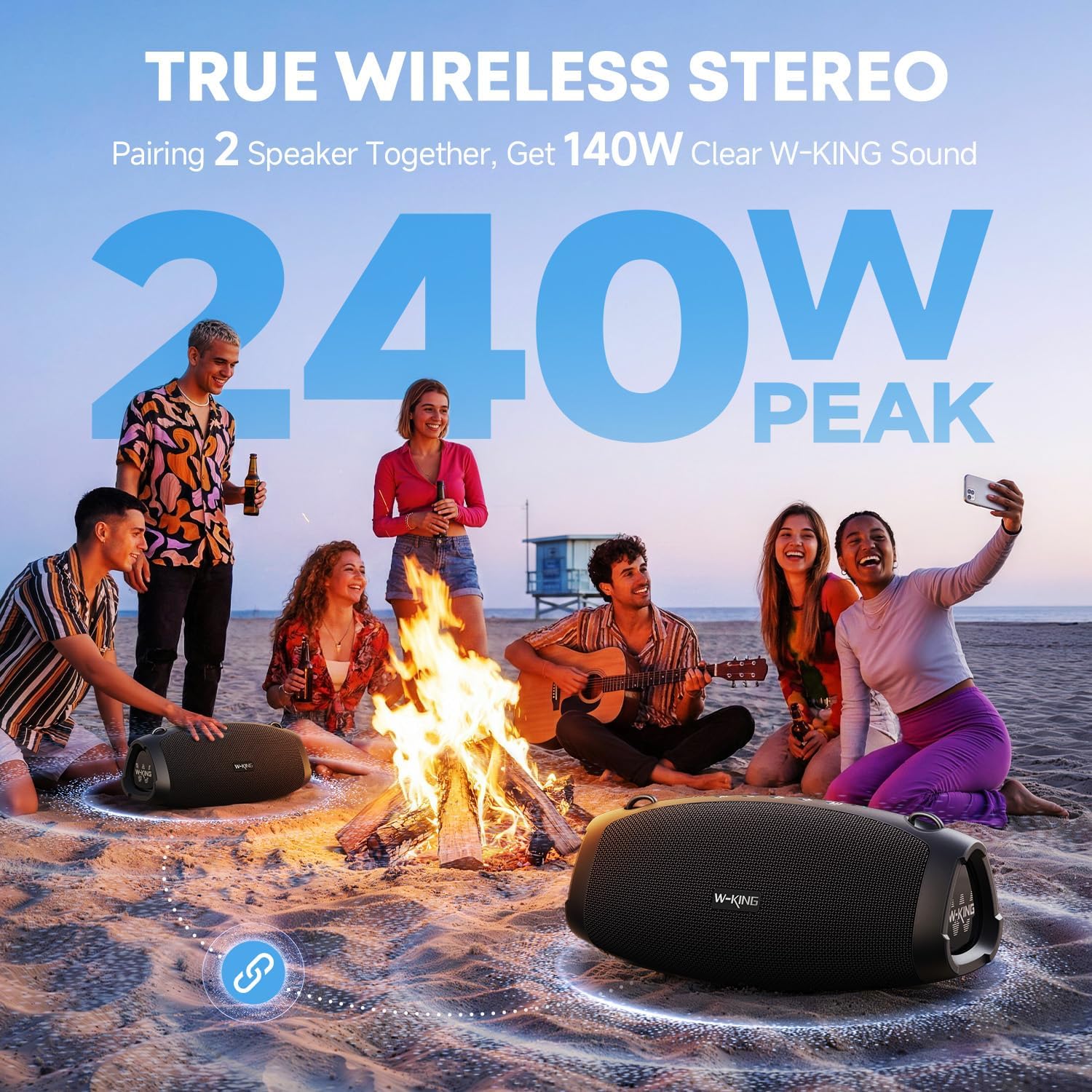 W-King Bluetooth Lautsprecher Groß, 120W Peak Musikbox Bluetooth Box Lautsprecher Wasserdicht IPX6 Stereo Outdoor Party Boom Box, DREI Passive Radiatorens-Super Bass/DSP/2 Woofer/42H/TF/AUX/EQ/Öffner
