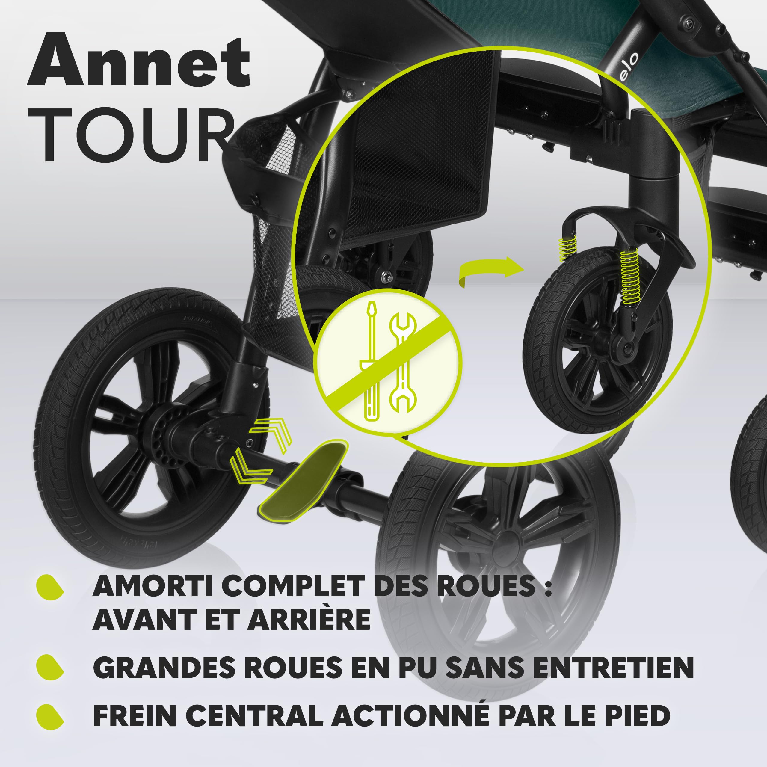 LIONELO Annet Tour poussette canne universelle jusqu'à 22 kg, réglage du dossier jusqu’à la position allongée, roues sans entretien, auvent imperméable XXL, ceintures à 5 points (vert)