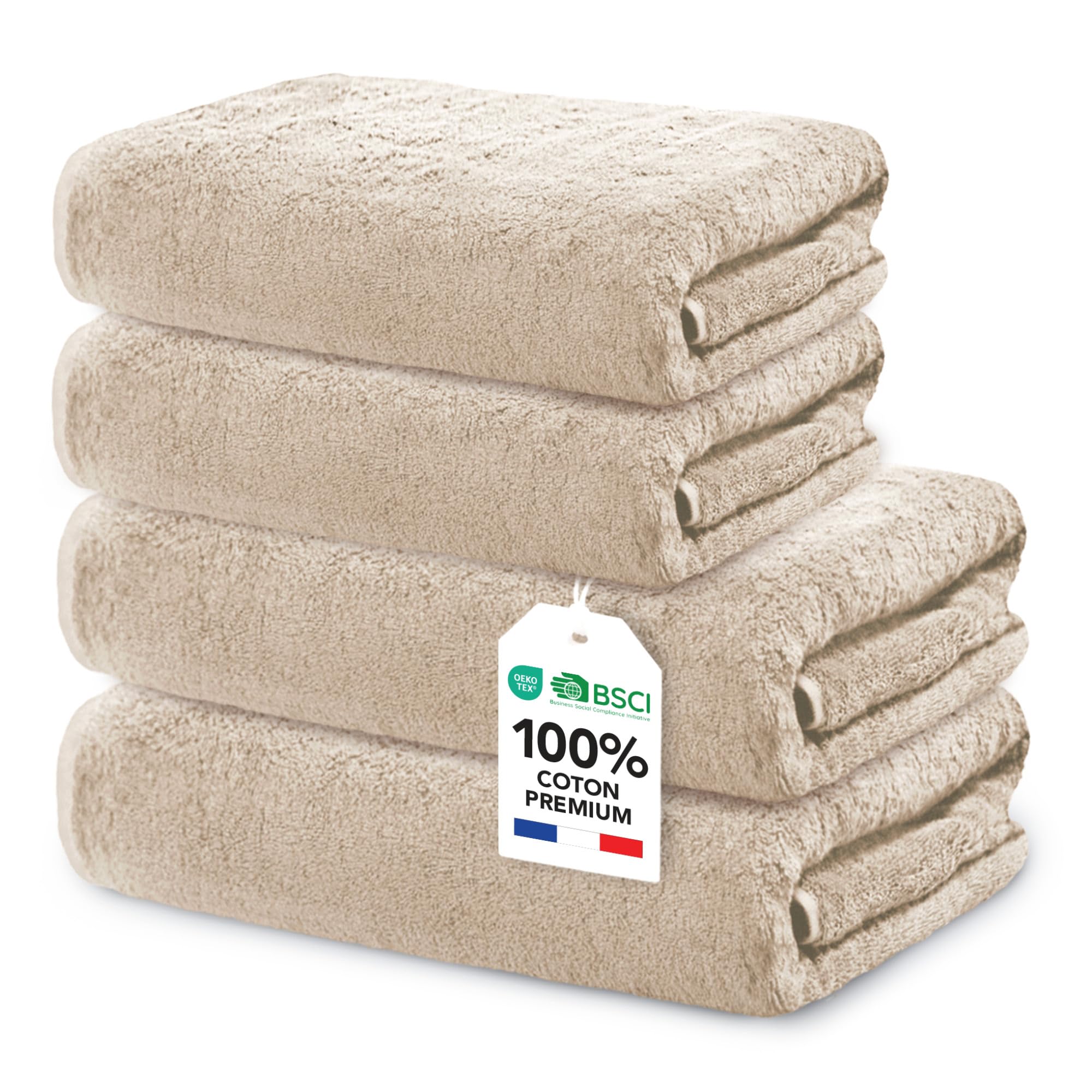 Ôhm Set Serviettes de Bain 4 Pièces Beige 100% Coton 500 g/m² pour Famille – 2 Serviettes 70x140 cm + 2 Serviettes 50x100 cm – Ensemble Linge de Bain Salle de Bain – Certifié Oeko-TEX