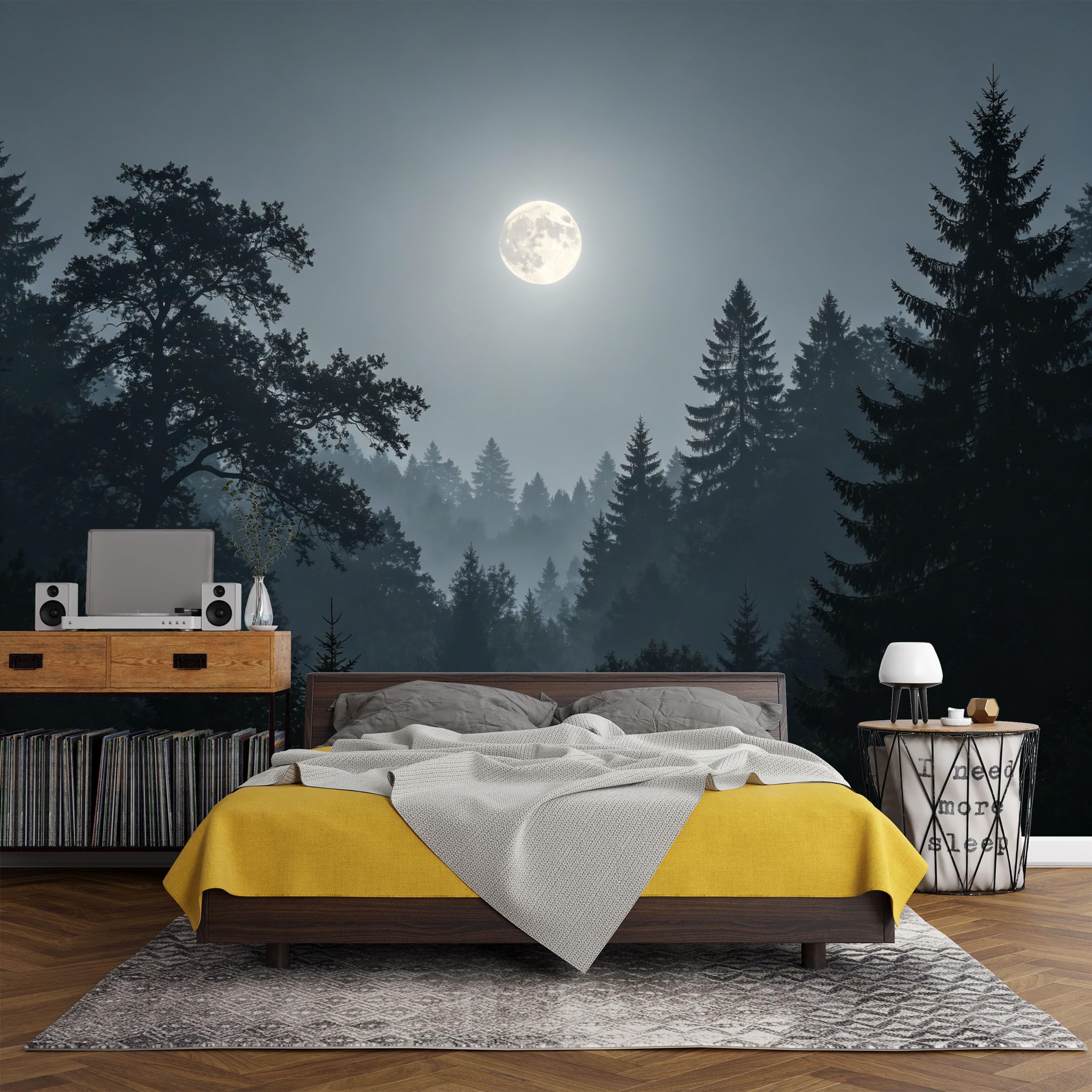 Custom Size Wall Mural， Forest Night Moonlight Mist Pine Trees Landscape，SelfAdhesive Art Prints wall Fabric (No PVC) Removable Wallpaper Living Room Decor