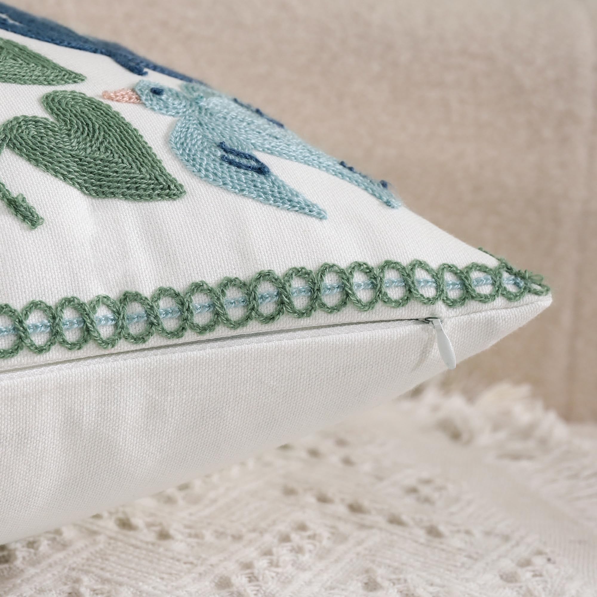 Tosleo Embroidered Decorative Throw Pillow Covers 18x18 inch Pack of 2 Green Leaves with Birds Floral Pillowcases Farmhouse Pillow Cushion Cases Home Decor Square Blue Flower Pillow Case - Image 4