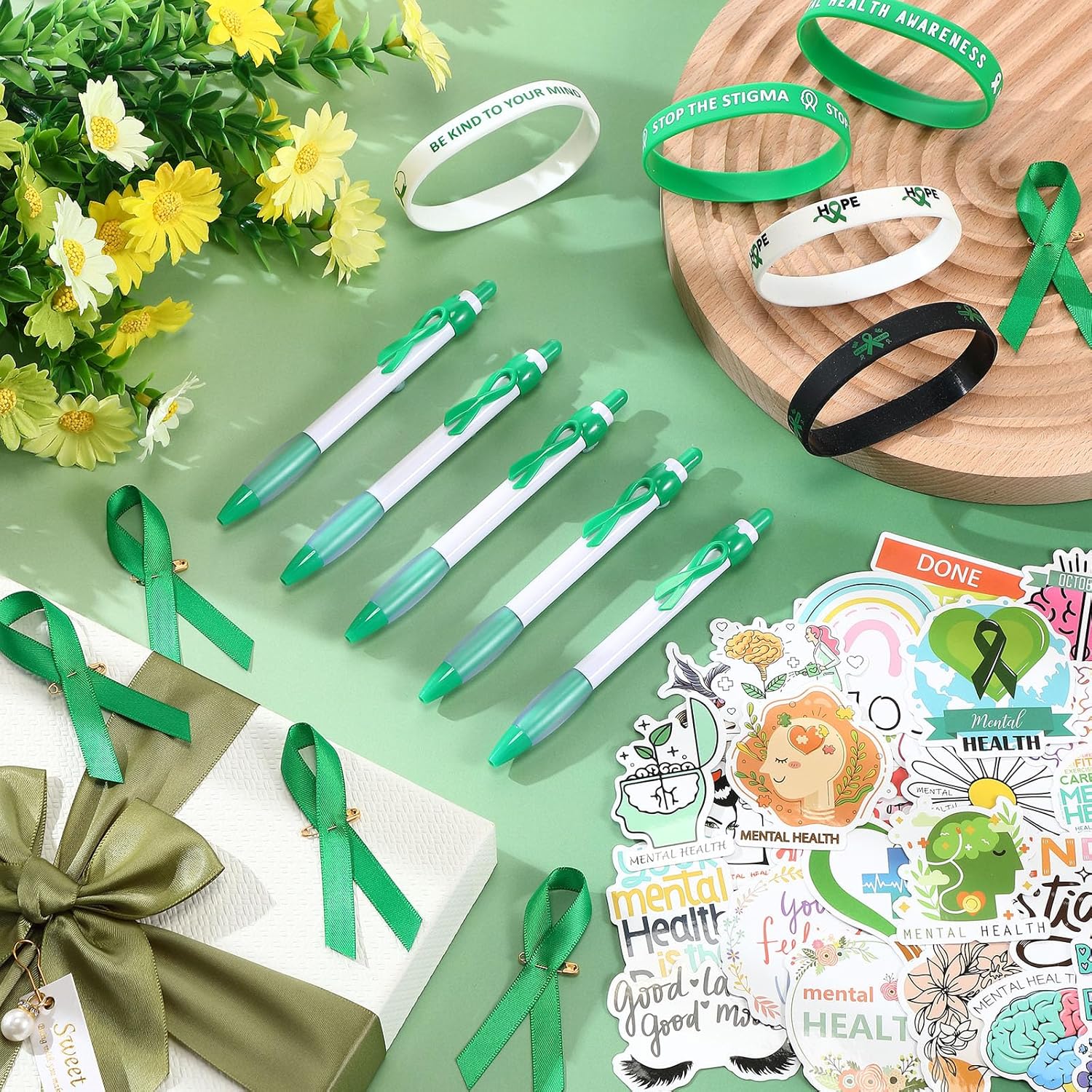398 Pcs Mental Health Awareness Items Include Mental Health Stickers, Rubber Wristbands, ballpoint pens and green ribbon pins for Mental Health Awareness Gifts Supporting Minds