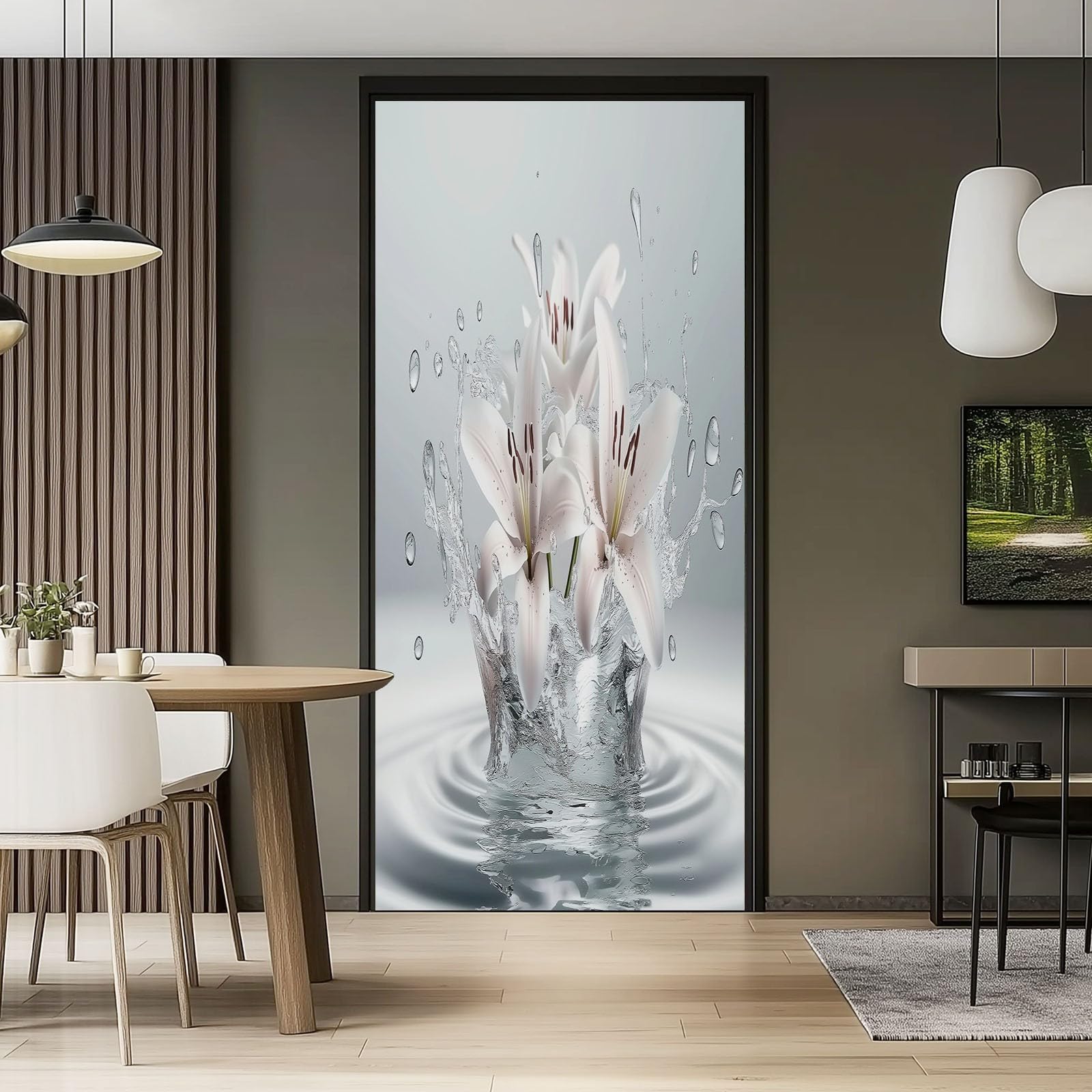 Adesivo Per Porte 3D Per Porte Interne, 80 x 210 cm 3D Piante Giglio Gocce D'Acqua Fotomurali Autoadesivi Impermeabile Porta In PVC, Carta Da Parati Soggiorno Cucina Camerette, Bianco Grigio