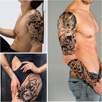 Yazhiji 36 Sheets Temporary Tattoos Stickers, 12 Sheets Fake Body Arm Chest Shoulder Tattoos for Men or Women with 24 Sheets Tiny Black Temporary Tattoos