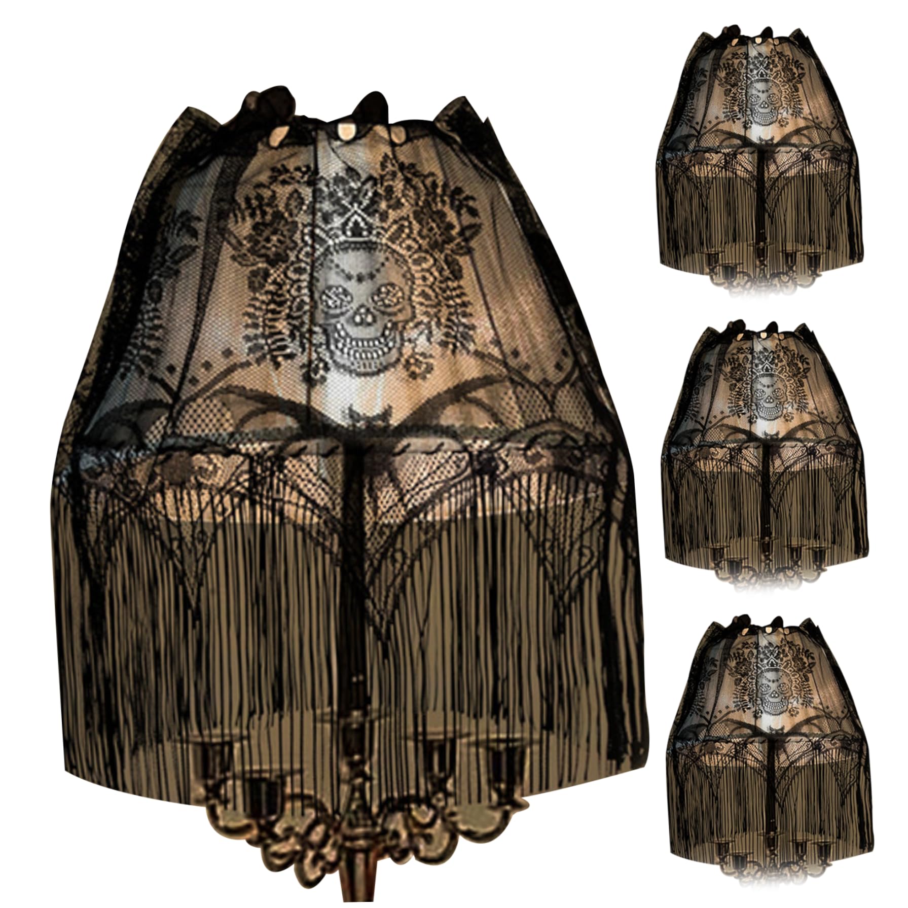 Lamp Shade Cover,Halloween Decoration Bat Skull Web Table Lampshade Door Curtain, 4Pcs Black Bat Skull Halloween Light Covers with Tassels Lace Lamp Shades Topper Window Door Mantle Scarf