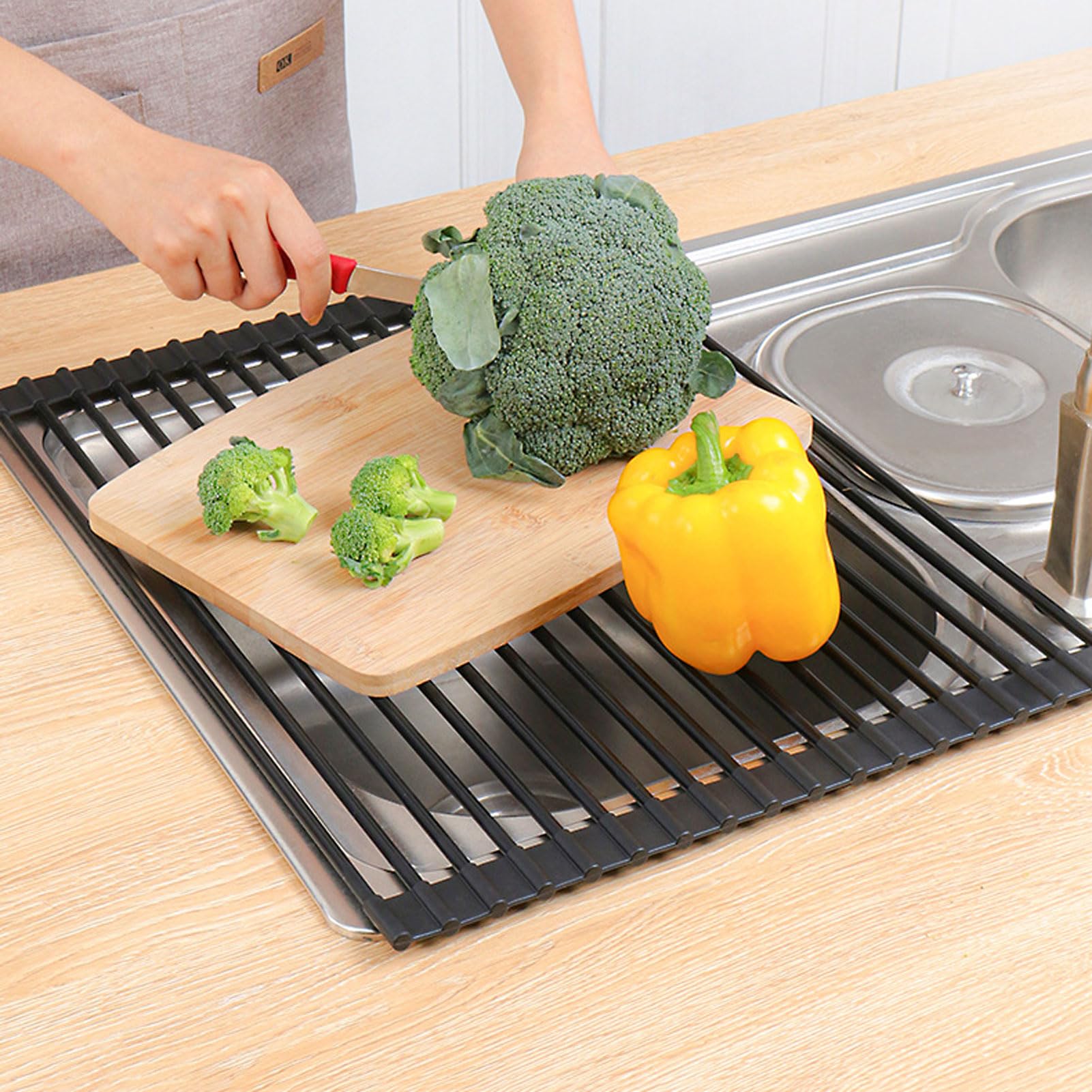 HUHJYUGE Scolapiatti Pieghevole in Silicone per Lavello da Cucina, Griglia Scolapiatti Arrotolabile per Piatti, Ciotole, Bicchieri e Verdure, Organizzatore Salvaspazio (White Square tube/52x33cm)