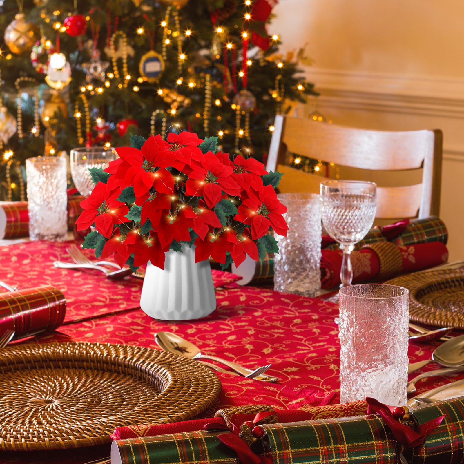 Lot de 12 fleurs de poinsettia artificielles lumineuses de Noël en vrac, 40 cm, 7 tiges artificielles en velours rouge pour intérieur et extérieur, décoration de sapin de Noël, maison, porche