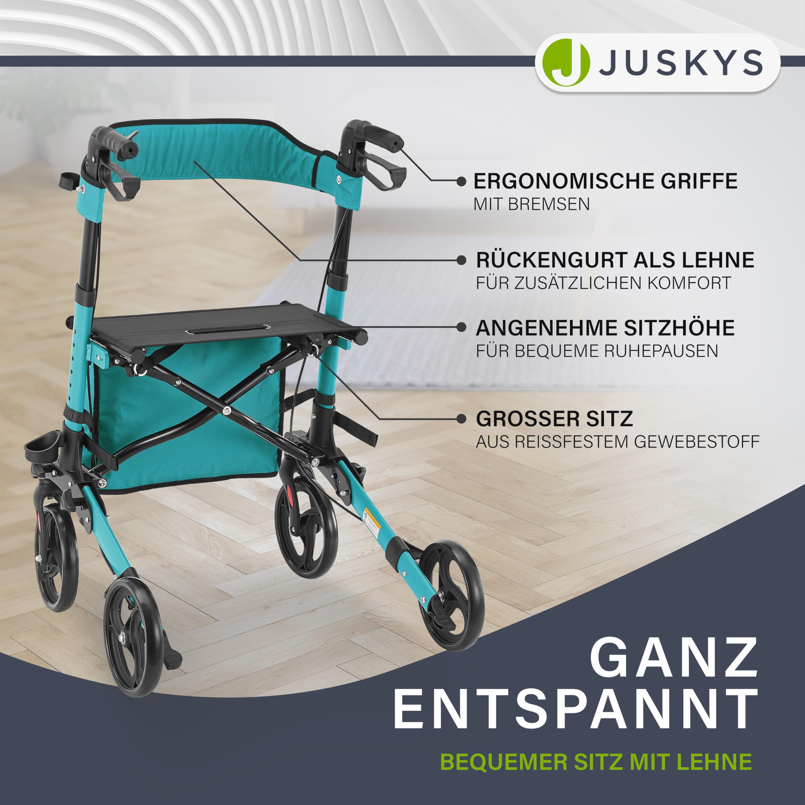 Juskys Rollator Vital petrol - Gehhilfe faltbar & leicht aus Aluminium bis 130 kg - Laufhilfe höhenverstellbar mit Sitz, Tasche & Regenschirmhalterung
