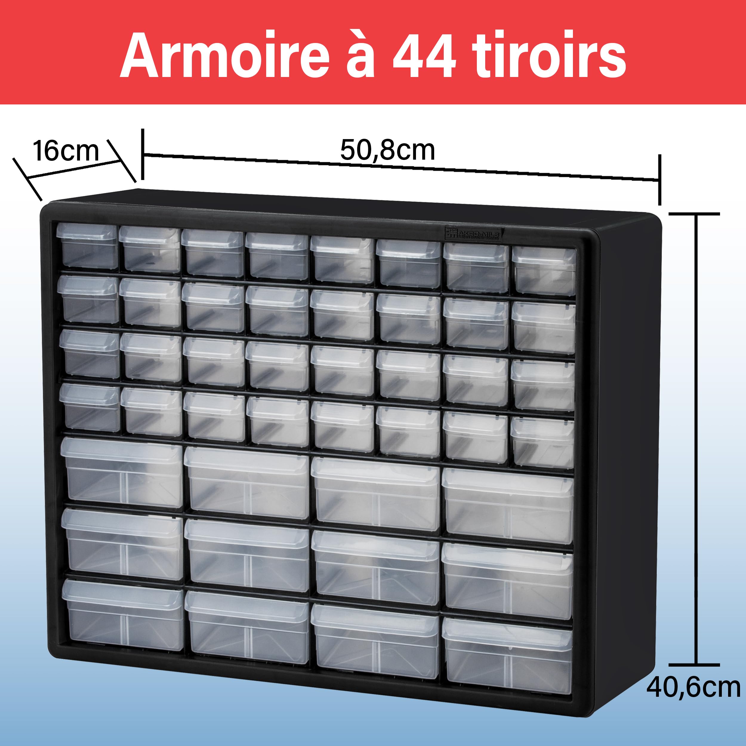 Akro-Mils 10144 44-Drawer Plastic Drawer Storage Cabinet for Garage Organization, Teacher Toolbox, Makeup Organizer, and More, 50,8 cm W x 16 cm D x 40,6 cm H, Black