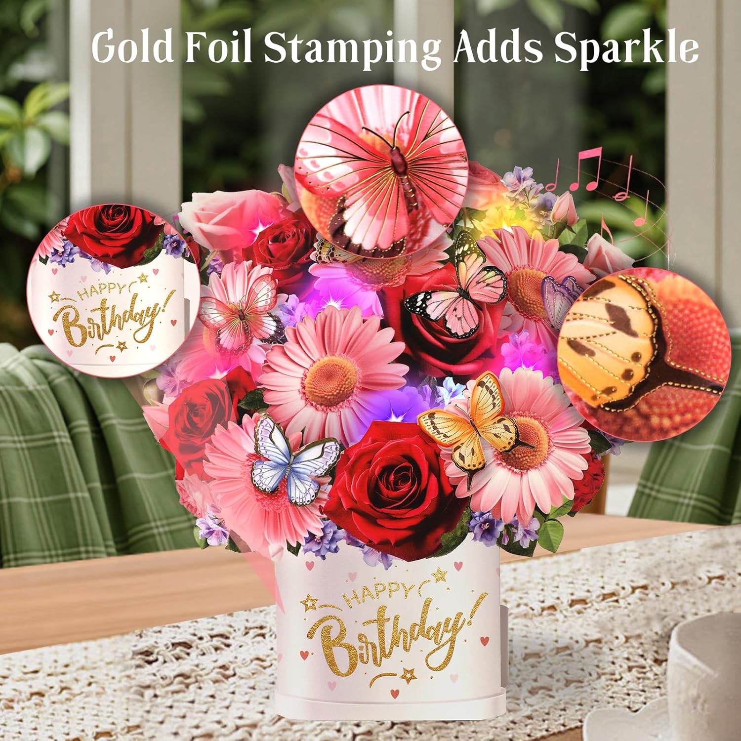 Birthday Cards with Music & Lights, Pop Up Happy Birthday Cards, 10 Inch Size Daisies & Butterflies Flower Bouquet, Birthday Cards for Girls, Women, Wife, Mom, Sisters - Image 5