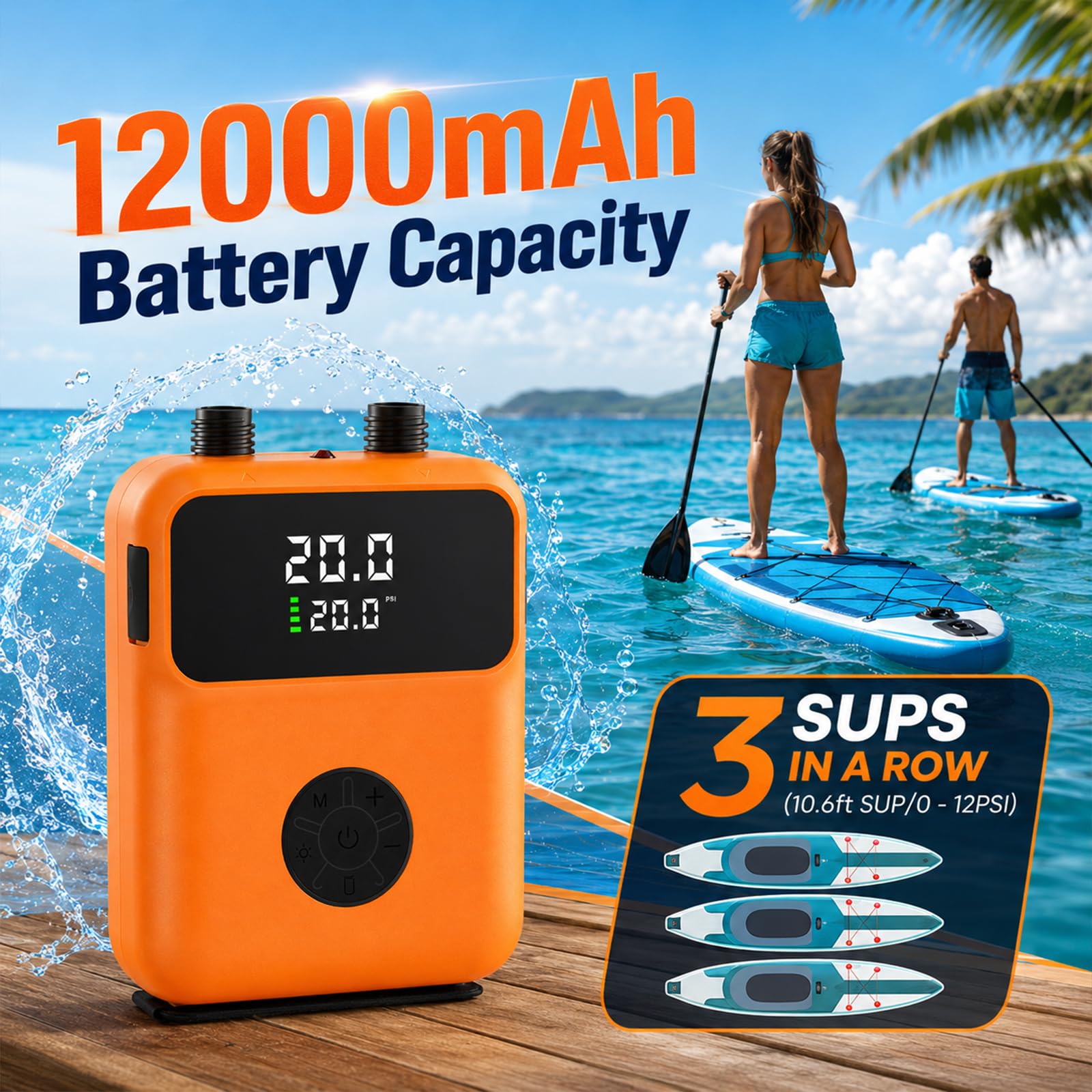 Elektrische Luftpumpe für Paddleboard, 12000mAh Elektrische Pumpe Stand Up Paddle Tragbar Hochdruck Kombi-Luftpumpe mit Auto-Off für Stand Up Paddle Boards, Boote, Kajaks
