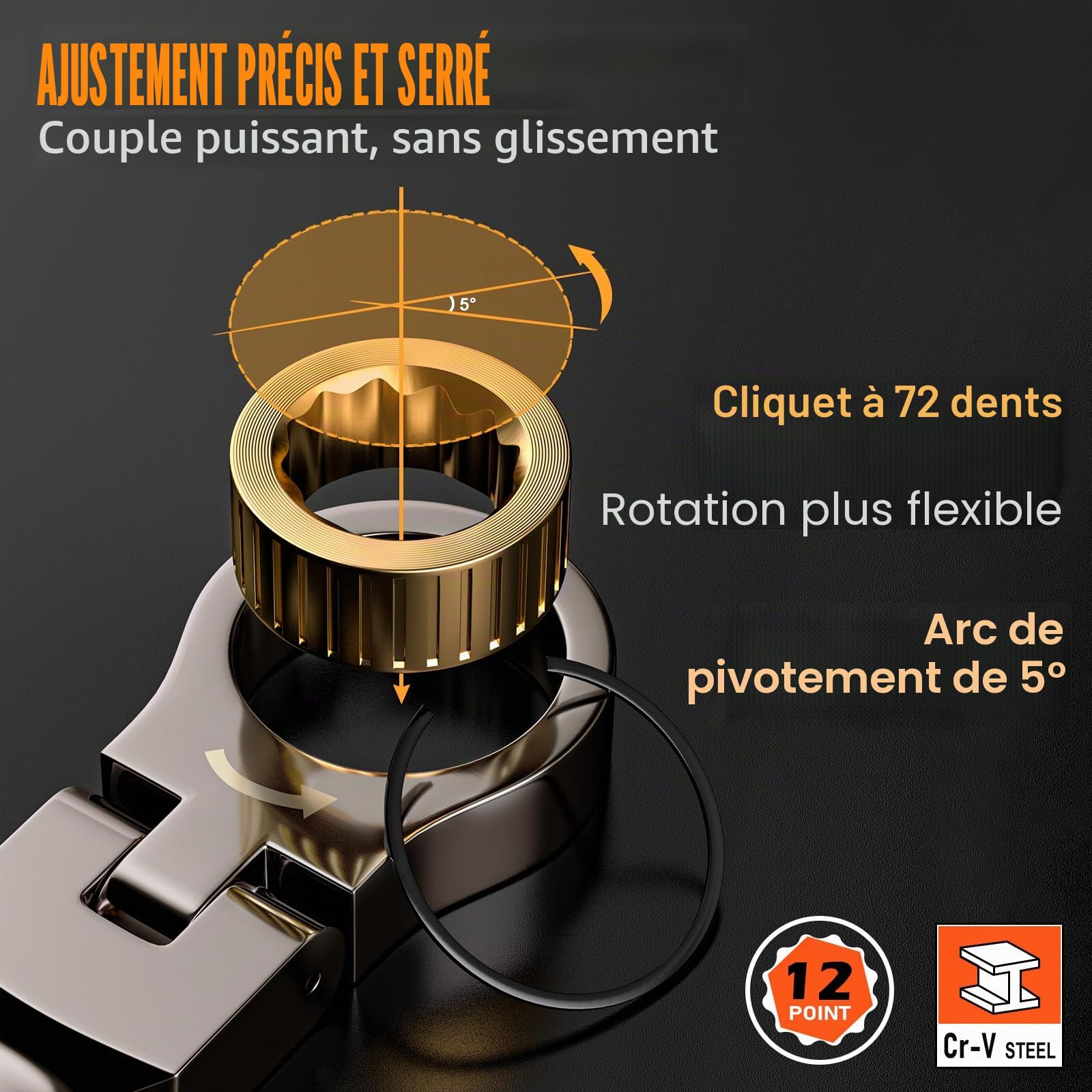 Lot de 8 clés à cliquet 72 dents, jeu de clés plates mixtes polygonales 8-19 mm métriques pour bricolage, vélo et automobile