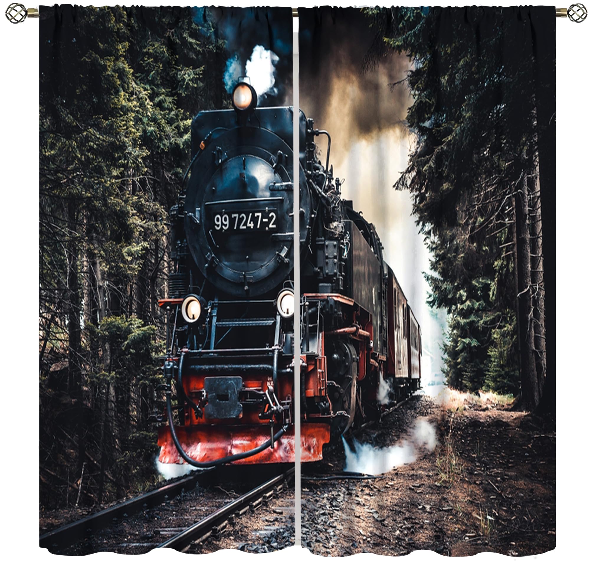 Rideaux train à vapeur imprimé rétro vintage pour fenêtres de cuisine et salon