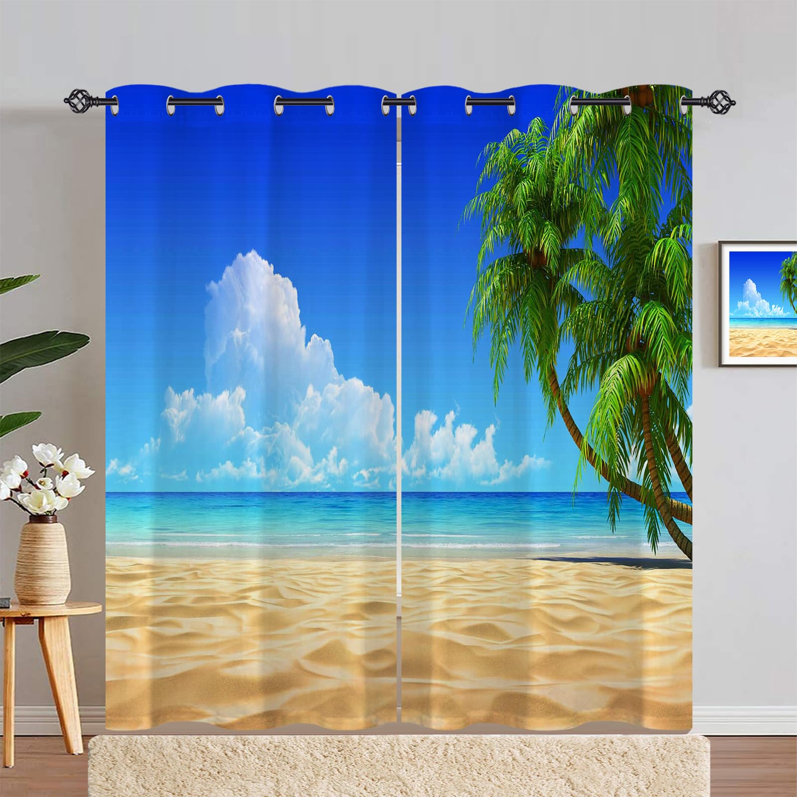 ANHOPE Golden Beach Curtains Eyelet Ring Top Soft Thermal Insulated Blackout Curtains Tropical Ocean Palm Tree Print Pattern Decorative Window Drapes for Bedroom Living Room 55 x 90 Drop Inch 2 Panels — image 1