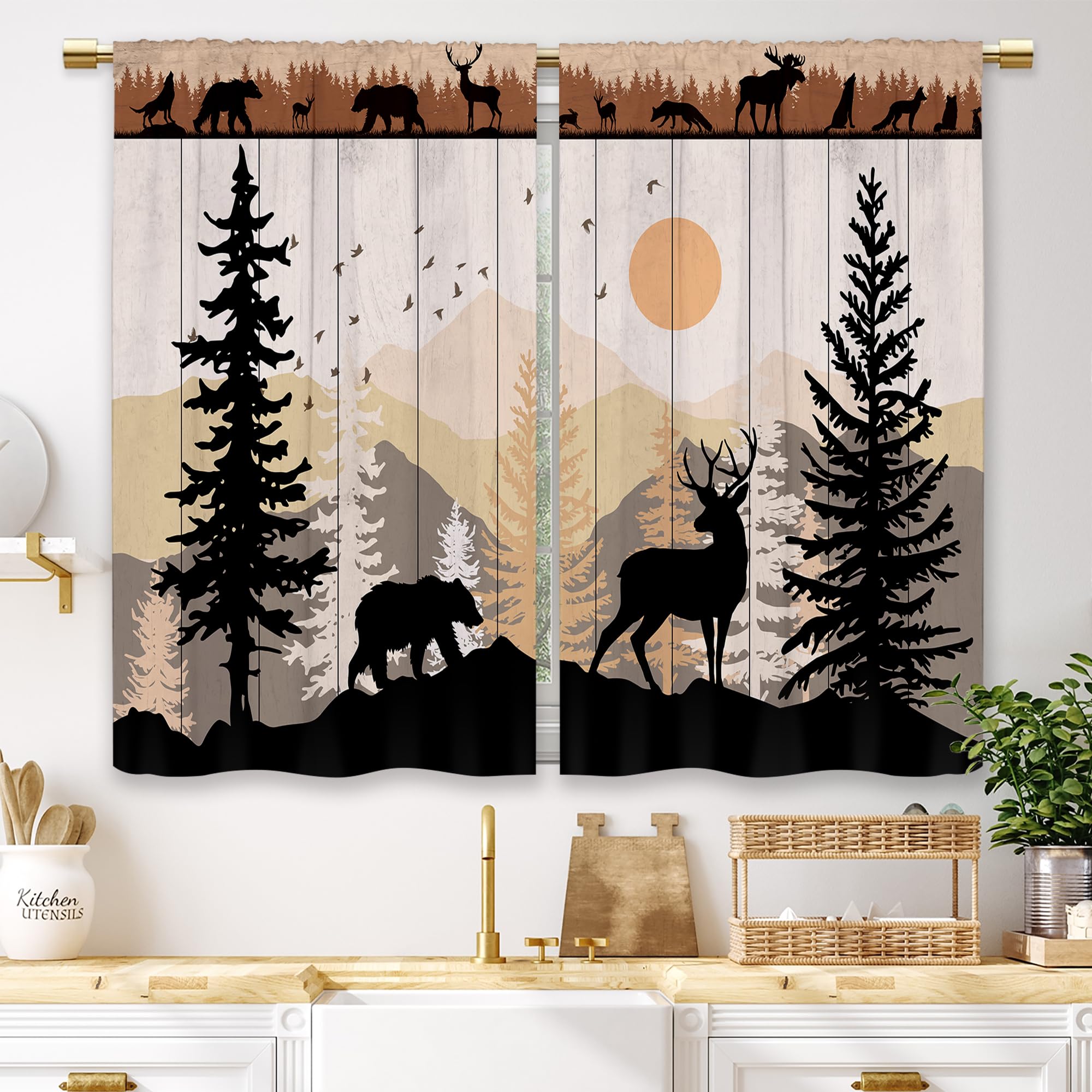 Laifzere Farmhouse Forest Cabin Kitchen Curtains Rustic Wooden Small Short Cafe Window Curtains Tree Country Deer Bear Rod Pocket Bathroom Window