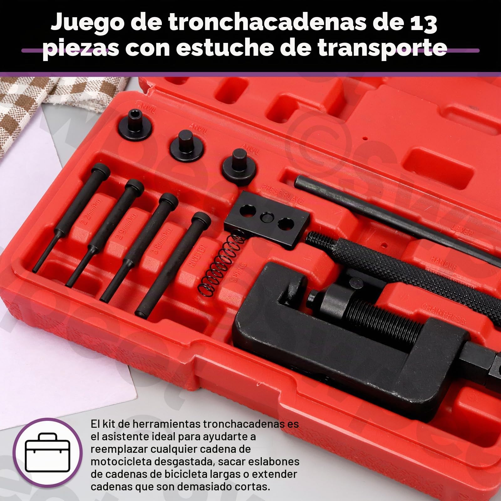 Swpeet Kit Surtido de 13 Piezas Cortacadenas para Motocicleta con Estuche de Transporte, Cortador de Cadena y Remachadora Herramienta de Extracción de Cadena para Motocicleta, Bicicleta, ATV