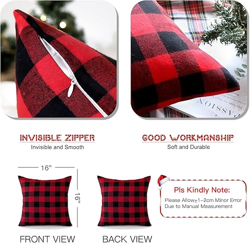 Miniatura 5 de OTOSTAR Paquete de 2 fundas de almohada clásicas de lino a cuadros navideños de 16 x 16 pulgadas, fundas de cojín cuadradas suaves para decoración