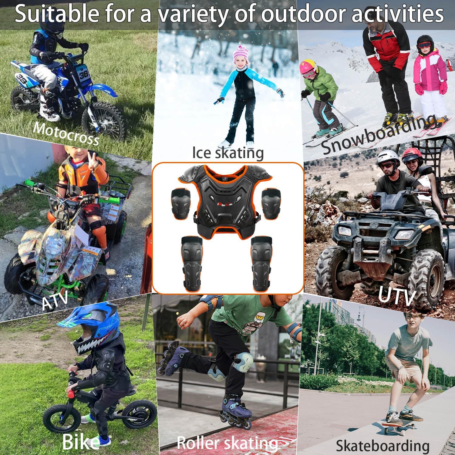 Kids Dirt Bike Gear, Youth Motocross Armor Protective Vest Suit，Children Chest Back Knee Elbow Protection for Cycling ATV
