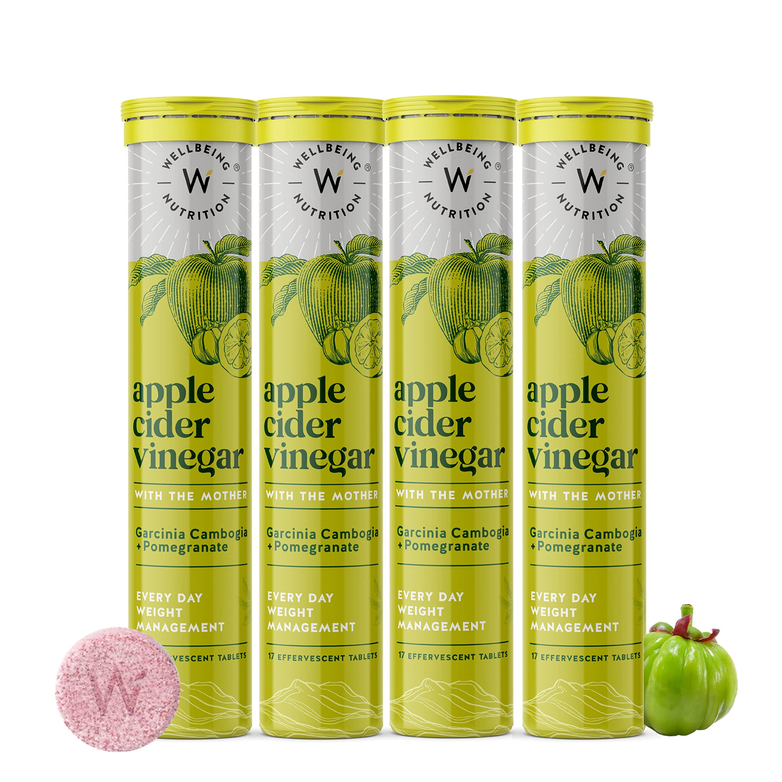 Wellbeing Nutrition Apple Cider Vinegar (ACV) with Mother & Garcinia Cambogia, Pomegranate | Gut Health, Supports Digestion, Boosts Metabolism 17 Effervescent Tablet 17 count (Pack of 4)