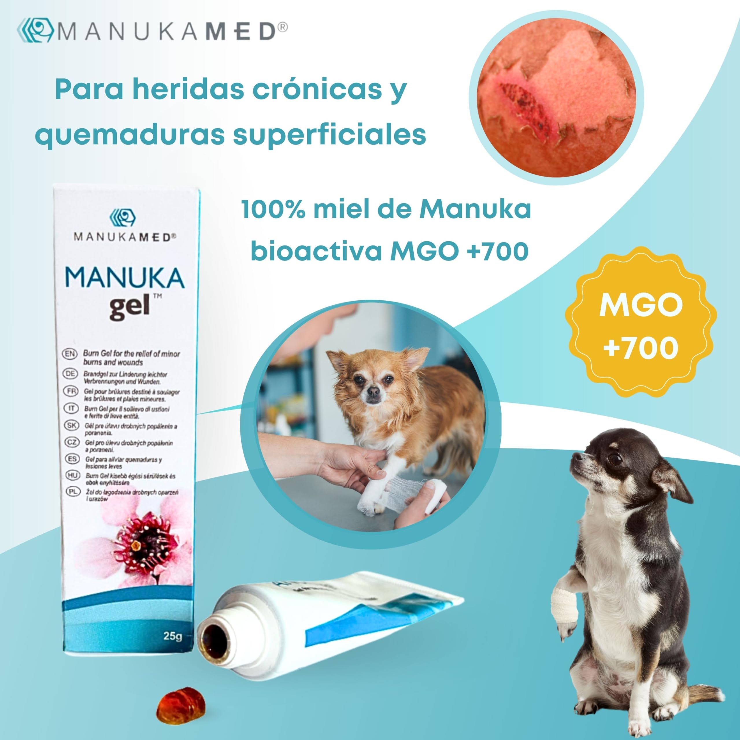 ManukaMed MANUKAgel Gel antibacteriano, pomada para heridas para perros, gatos, caballos, miel de Manuka 100% bioactiva MGO 560+/25 g
