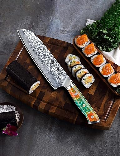 Vista 5 de Cuchillo Santoku de 7 pulgadas - Cuchillo japonés de chef - Mango de acero y resina de Damasco martillado - Serie YAO