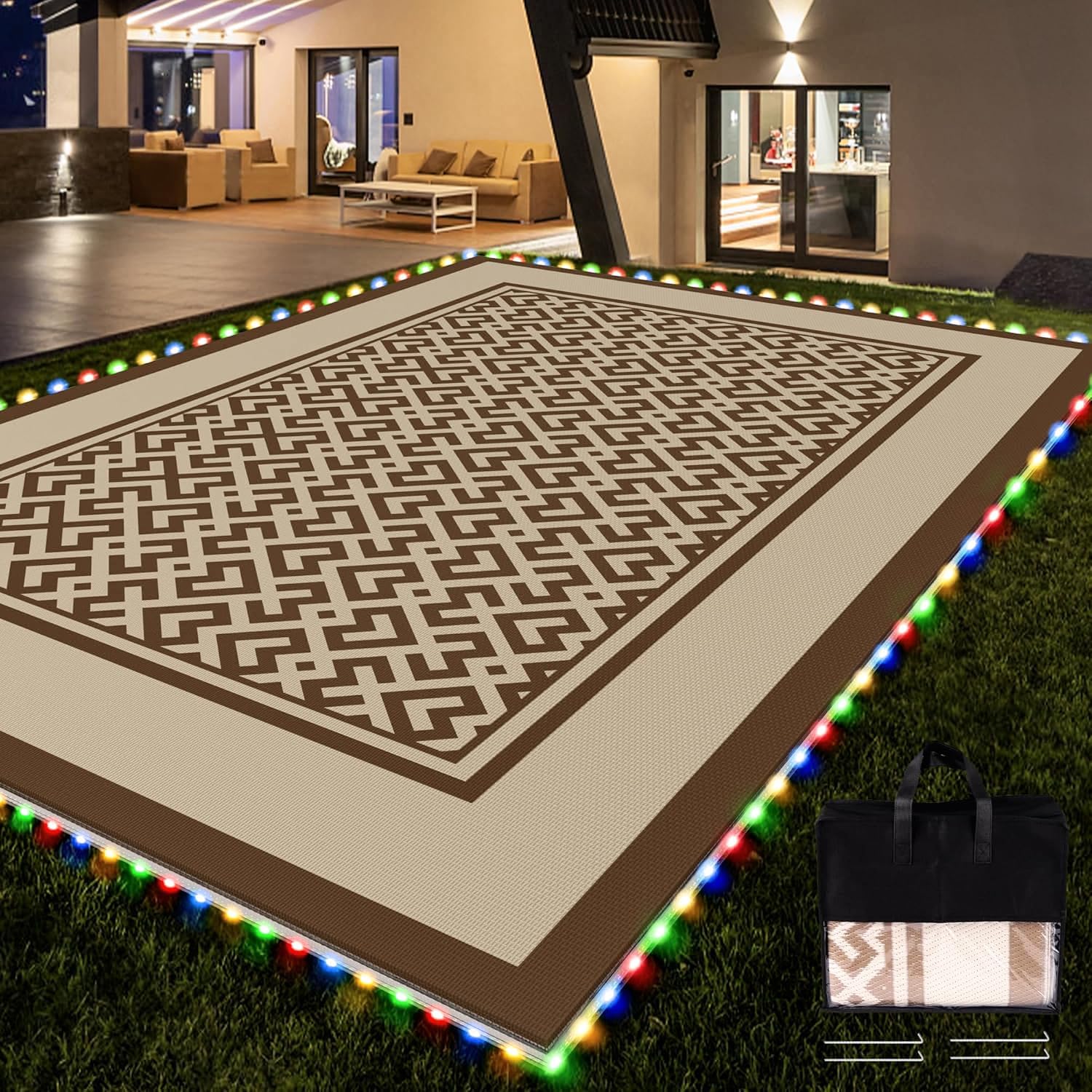 Pafolo Outdoor Rug Waterproof, 5'x8' Reversible Patio Rug with Lights, 4 Rug Stakes, Non Shedding, Easy Cleaning, Foldable Outside Mat for RV, Camping, Porch, Deck, Beach, Patio, Picnic, Brown&White