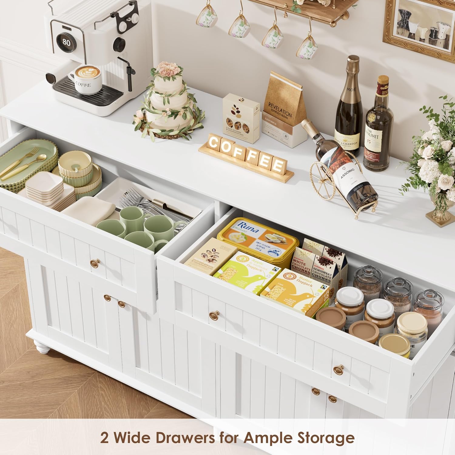 FINETONES Buffet Cabinet with Storage, 55.1” Large Sideboard Buffet, White Kitchen Display Cabinet with 2 Drawers and 4 Doors, Wood Coffee Bar for Kitchen Dining Room
