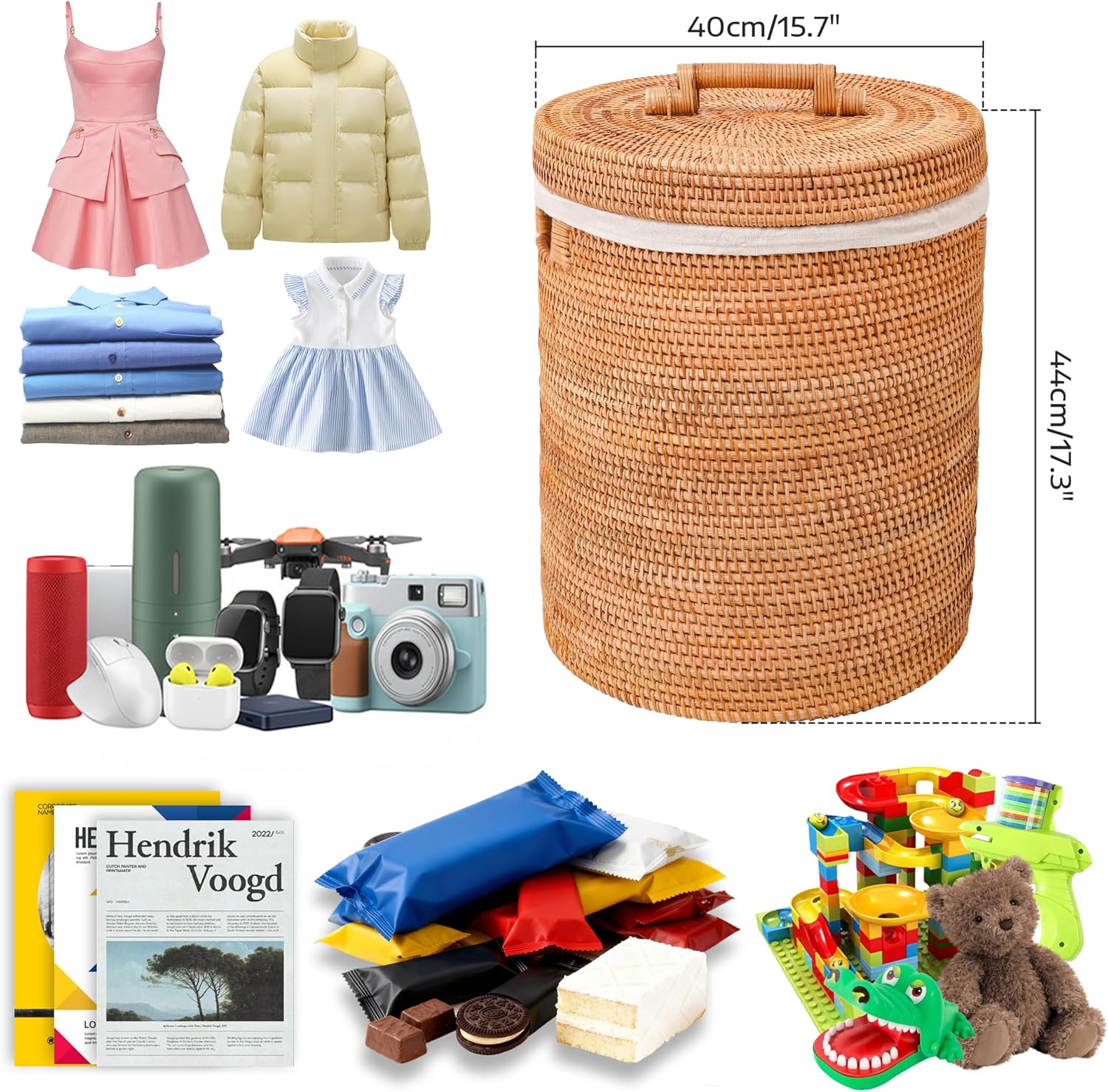 Rattan Laundry Hamper With Lid, Rattan Laundry Basket With Removable Liner Bag Handles (15.7" L×15.7"W×17.3"H）