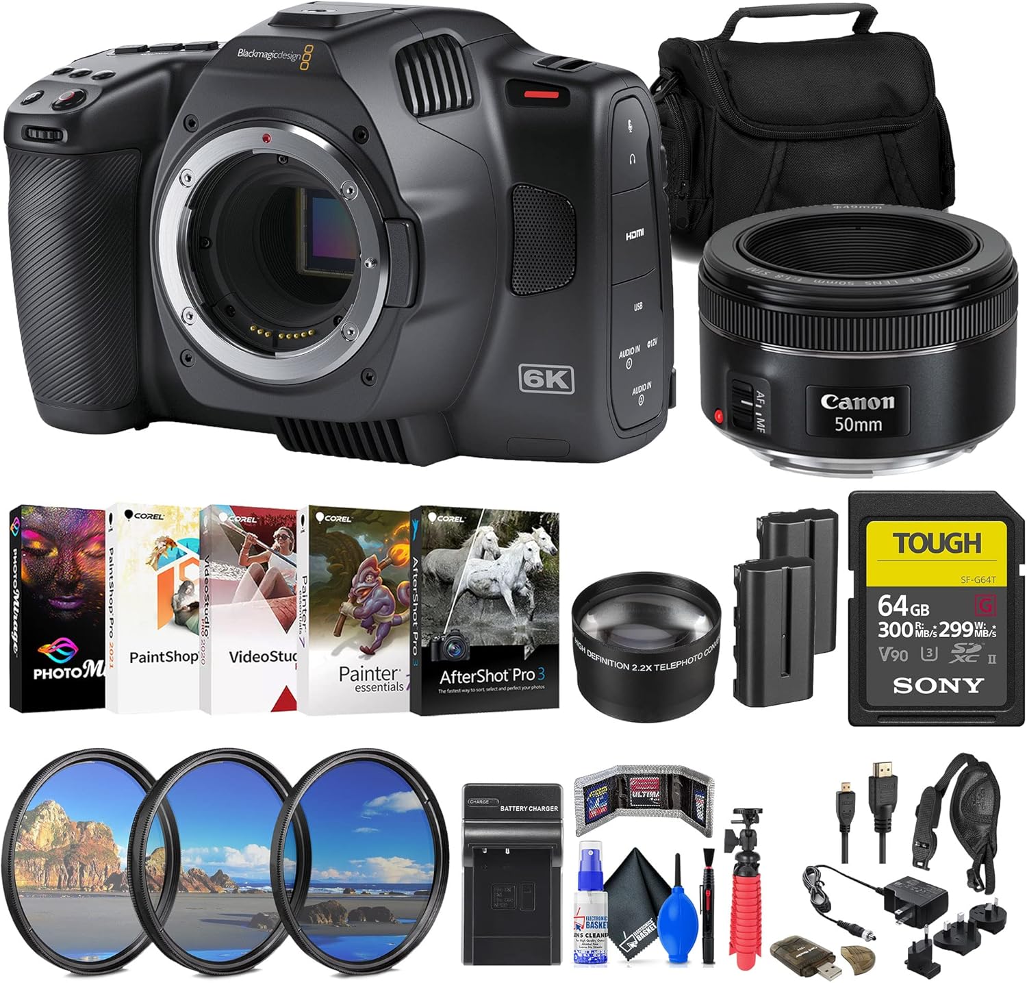 Blackmagic Design Pocket Cinema Camera 6K G2 (CINECAMPOCHDEF6K2) + Canon EF 50mm Lens (0570C002) + 64GB SF-G Tough Card + NP-F550 Battery Pack + Filter Kit + Telephoto Lens + Bag + More