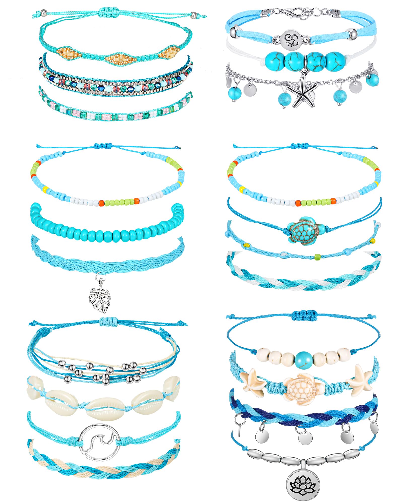 Hicarer21 Pieces Surfer Wave Bracelet Ocean Wave Adjustable Waterproof Handmade Friendship Bracelet Anklet Jewelry for Women